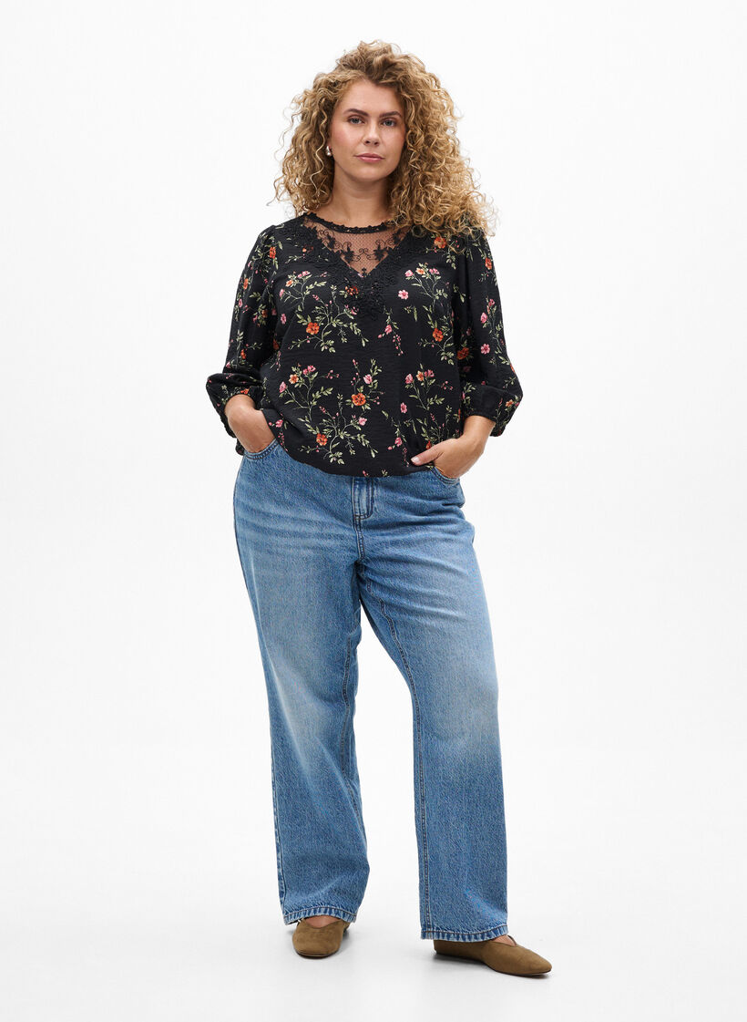 Bluse aus Spitze mit 3/4-&Auml;rmeln, Schwarz, Model image number 1