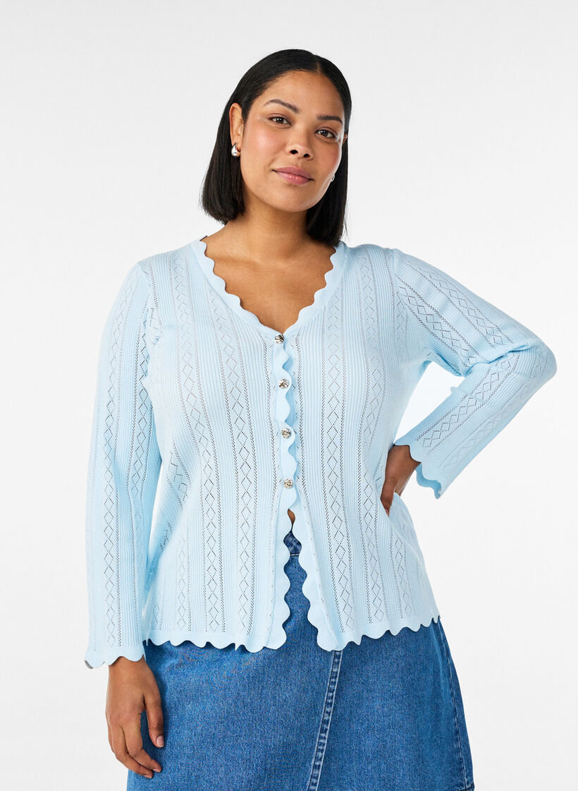 Cardigan avec broderie ajour&eacute;e et bords ondul&eacute;s, Bleu Clair, Model image number 0