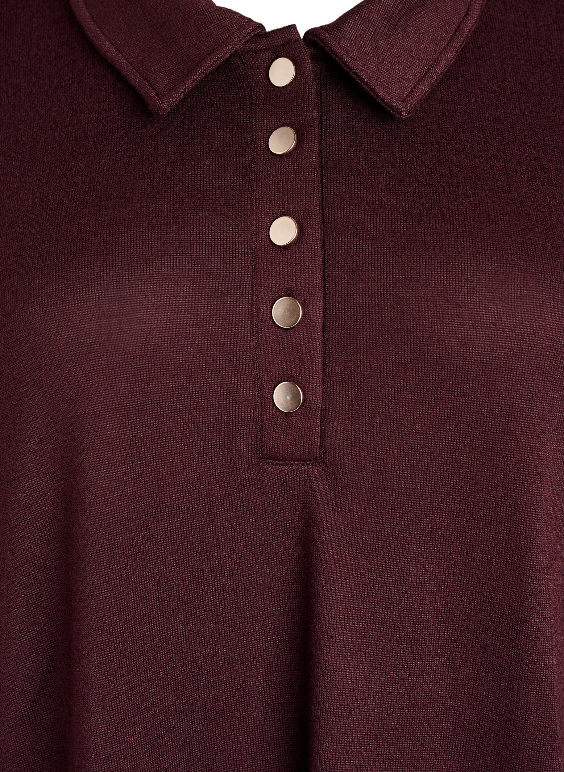 Zizzi Robe polo courte &agrave; manches longues et boutons, Bordeaux fonc&eacute;, Packshot image number 2