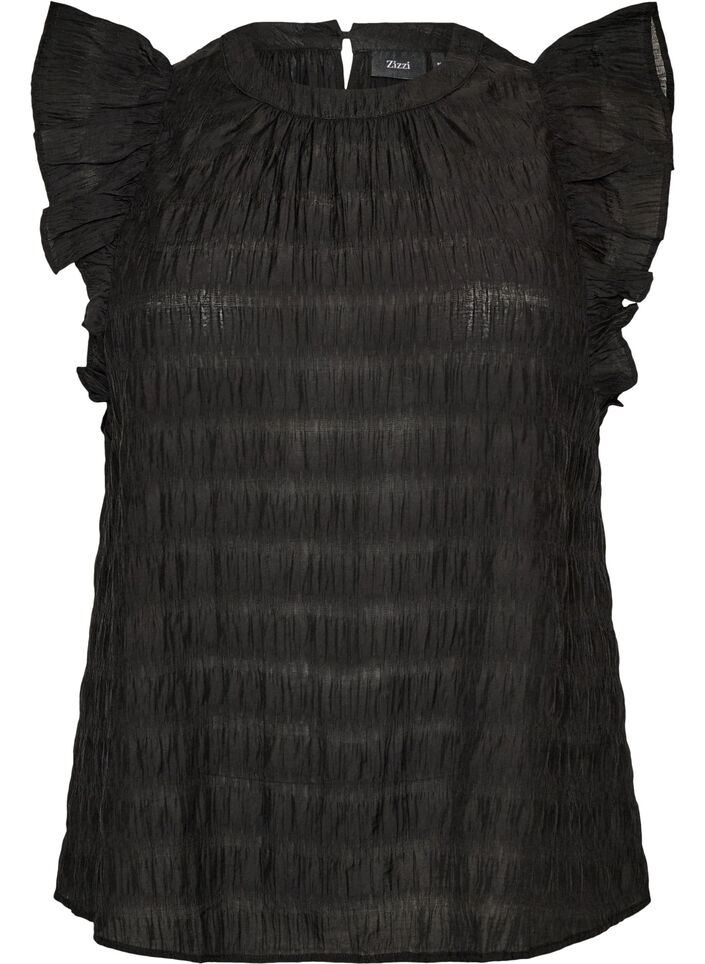 &Auml;rmellose Bluse mit Struktur und R&uuml;schen, Schwarz, Packshot image number 0