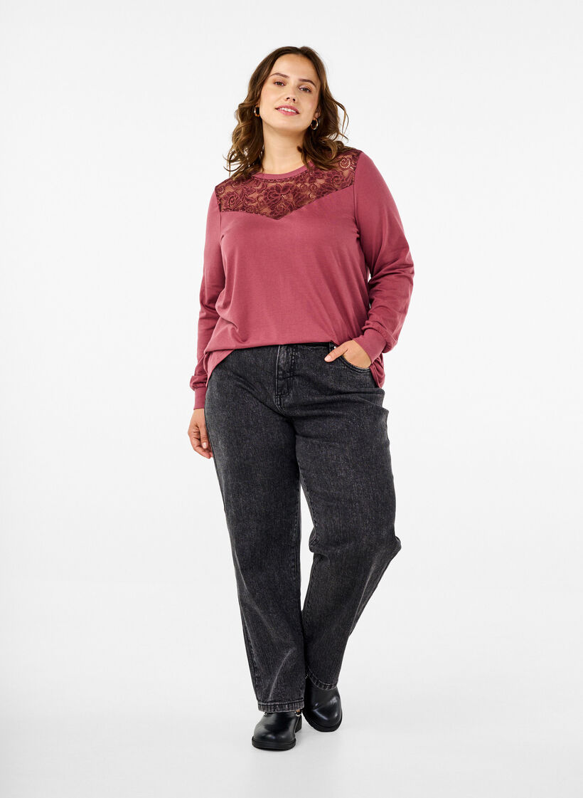 Sweatshirt avec ornements en dentelle, Rose Brown, Model image number 2