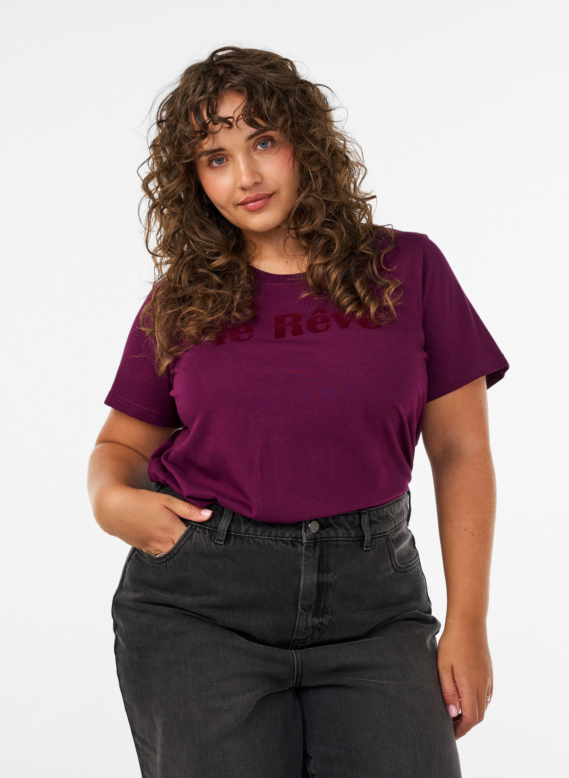 ZizziT-shirt en coton bio avec inscription en velours, Violet, Model image number 0