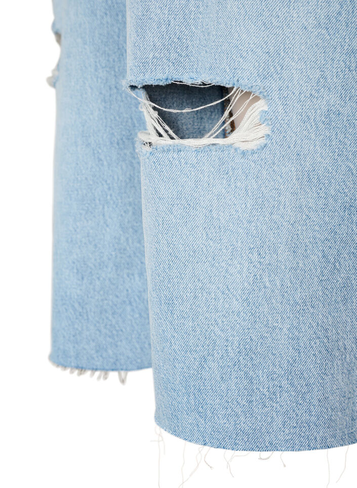 Cropped Jeans mit abgenutzter Optik und offenen Kanten, Blau, Packshot