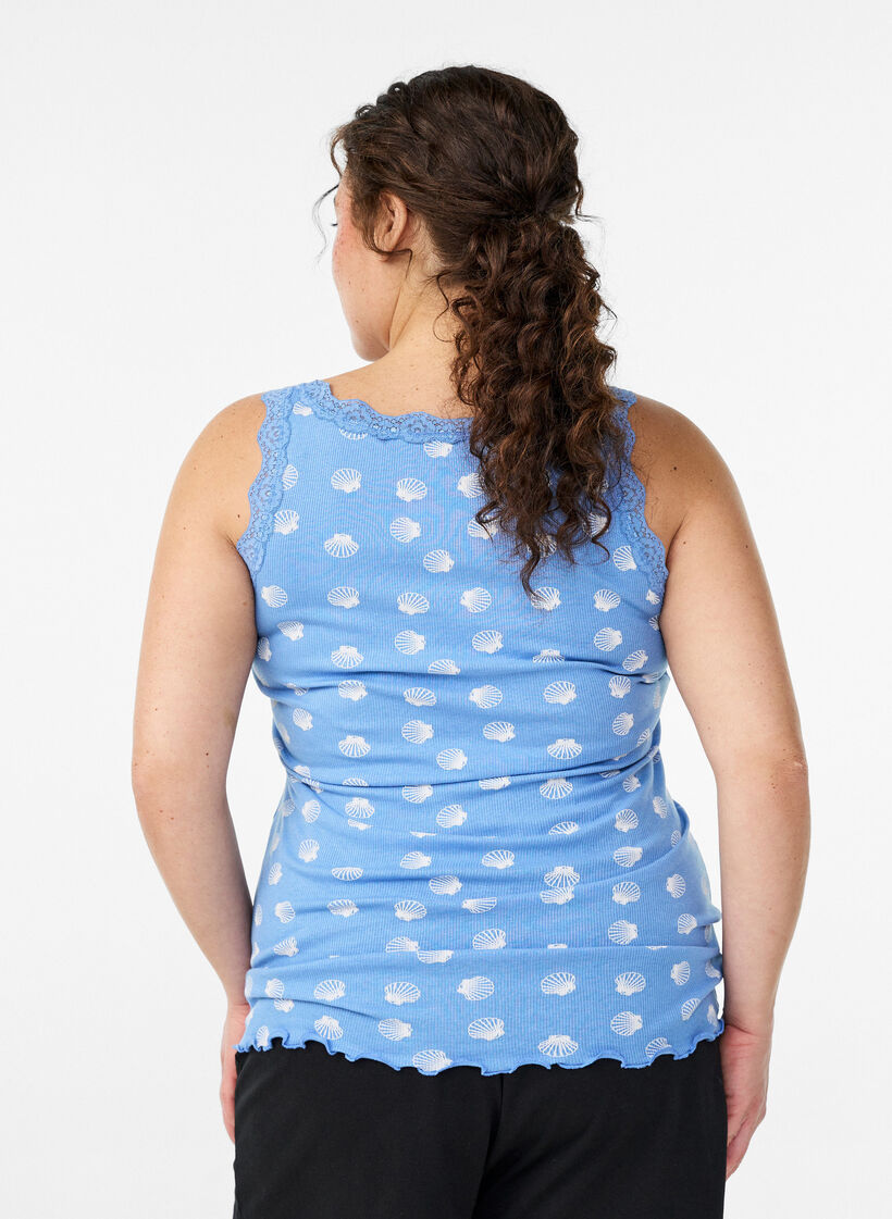 Oberteil mit Aufdruck und Spitzenborte, Blau, Model image number 2