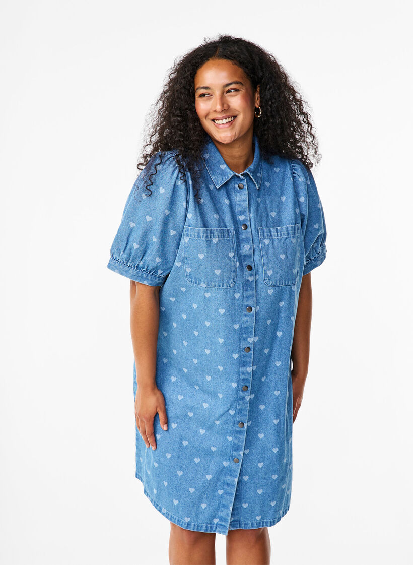 Robe en jean à manches courtes avec imprimé cœur, L. Blue D. w. Heart, Model image number 0