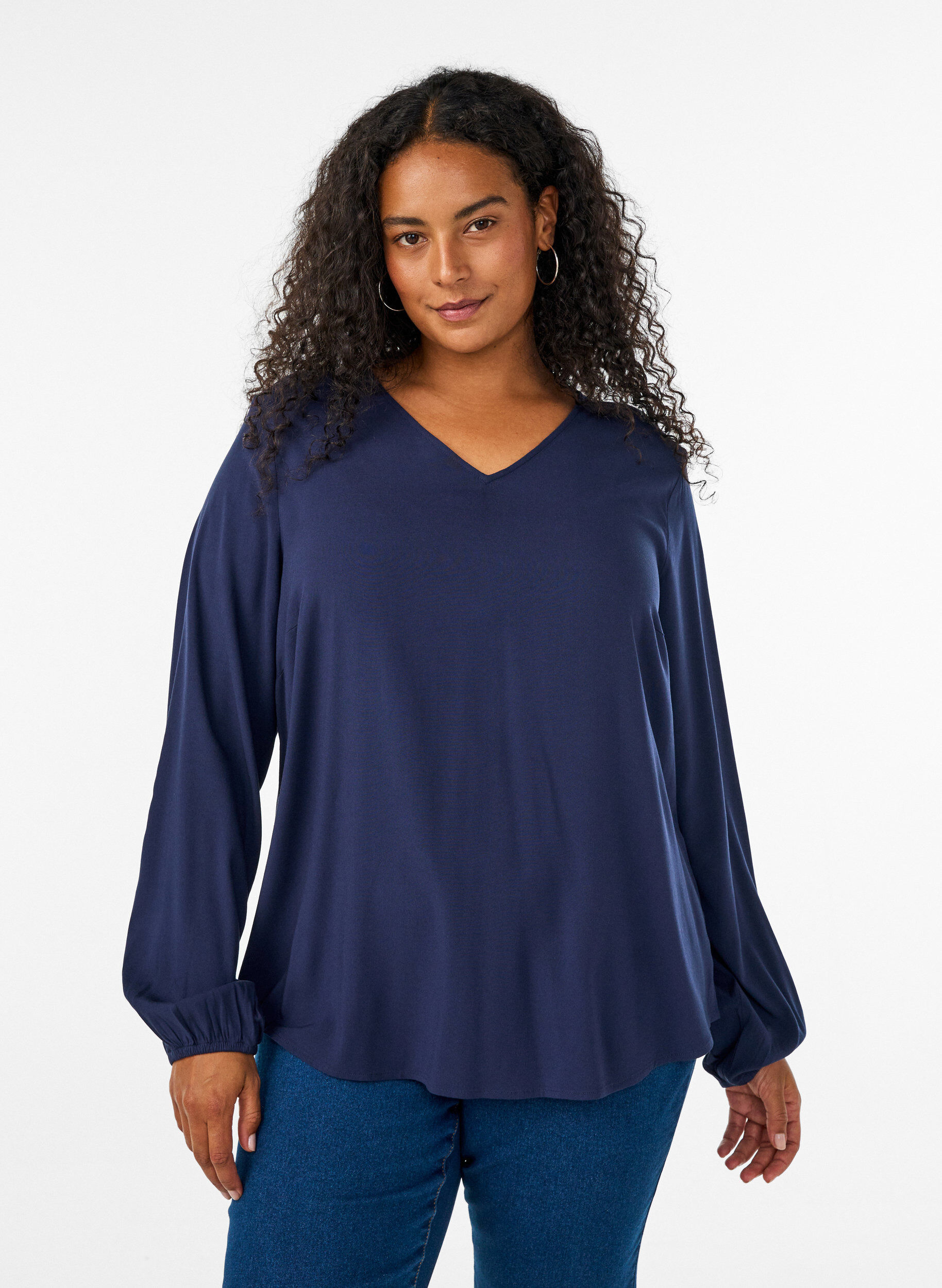 ZizziBlouse en viscose avec col en V et ourlet arrondi, Bleu, Model image number 0