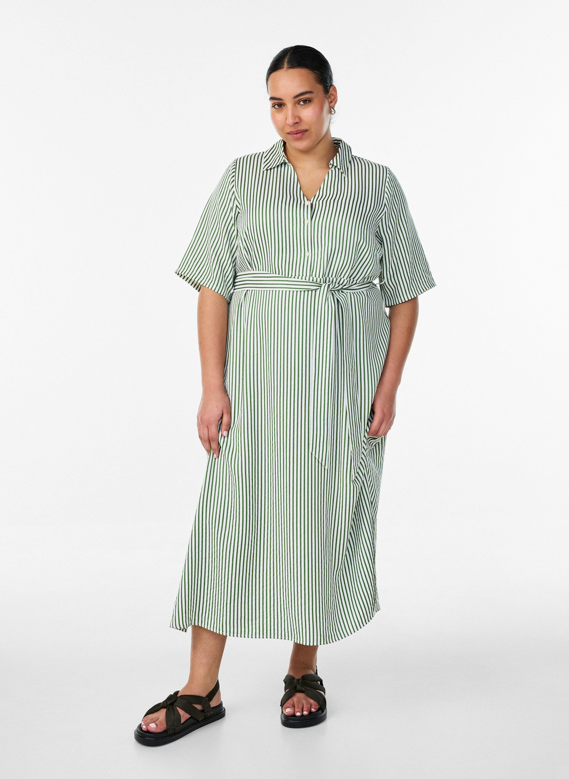 ZizziKn&ouml;chellanges Hemdblusenkleid mit Bindeg&uuml;rtel und Streifen, Gr&uuml;n, Model image number 0