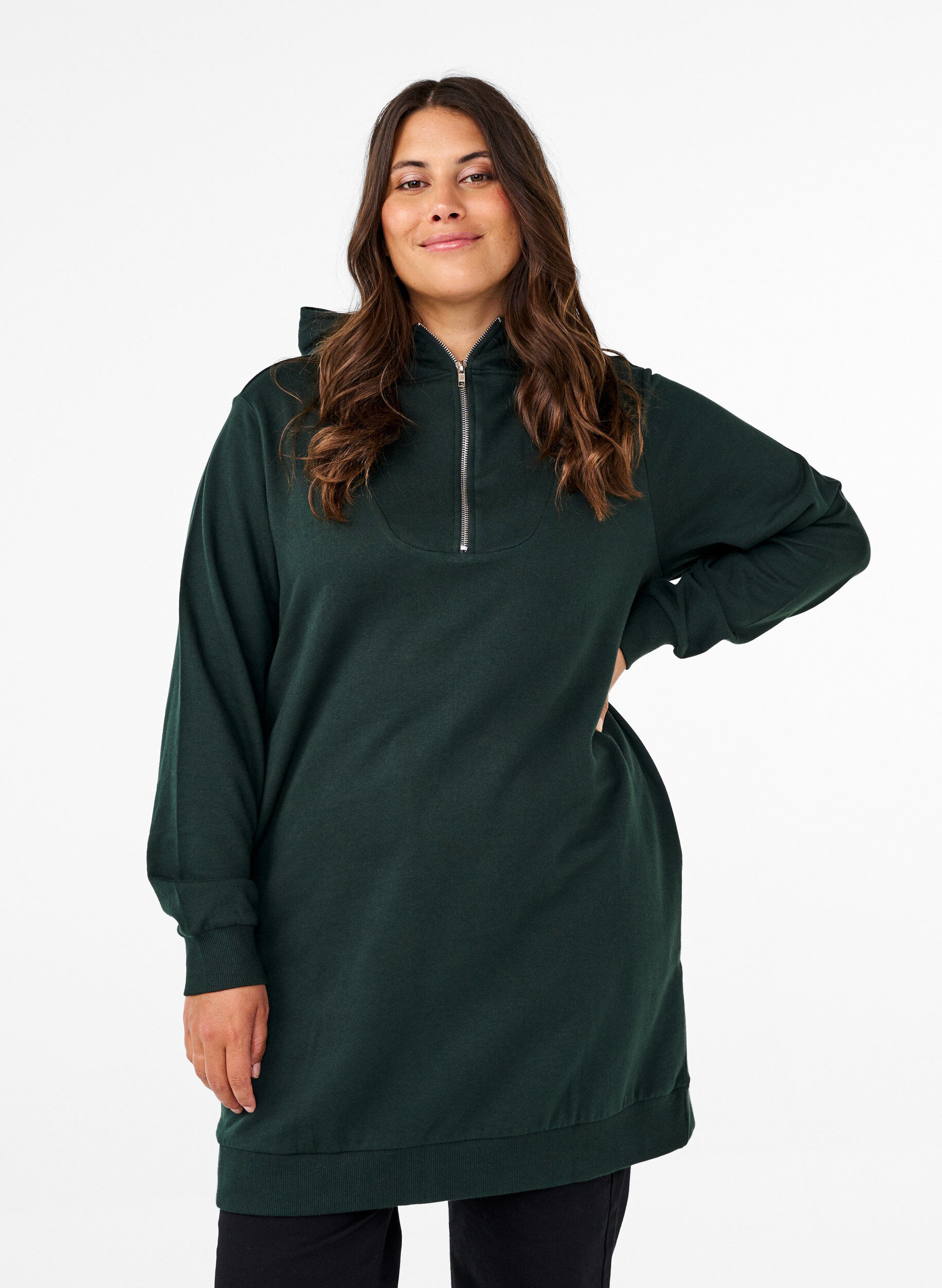 Zizzi Sweat-Tunika mit Kapuze und Rei&szlig;verschluss, Scarab, Model image number 0