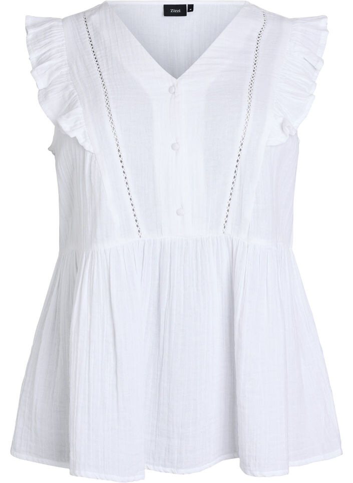 Blouse sans manches en mousseline de coton avec volants, Blanc, Packshot image number 0