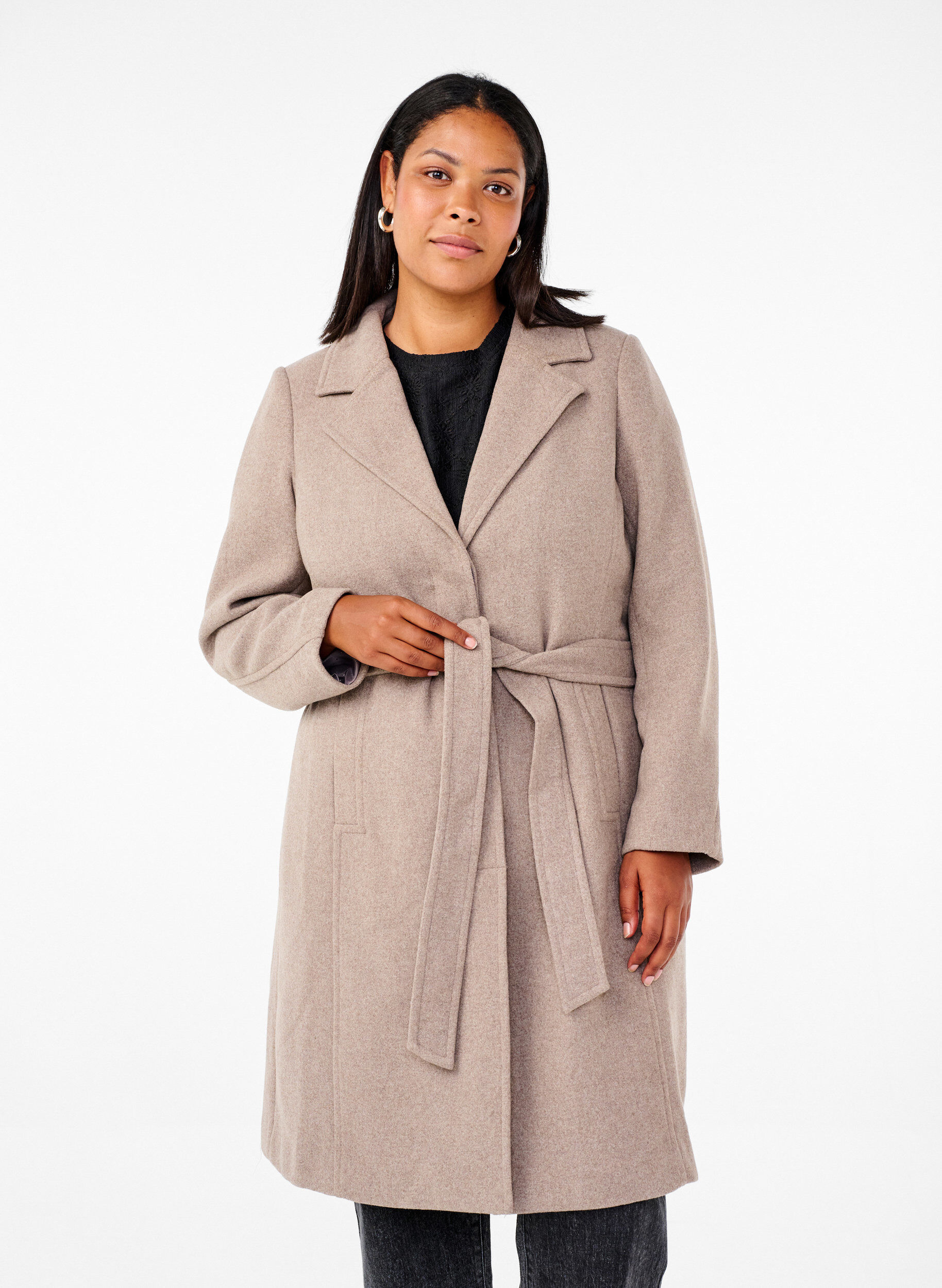 Zizzi Manteau en laine long avec ceinture, Moon Rock Mel. , Model image number 0