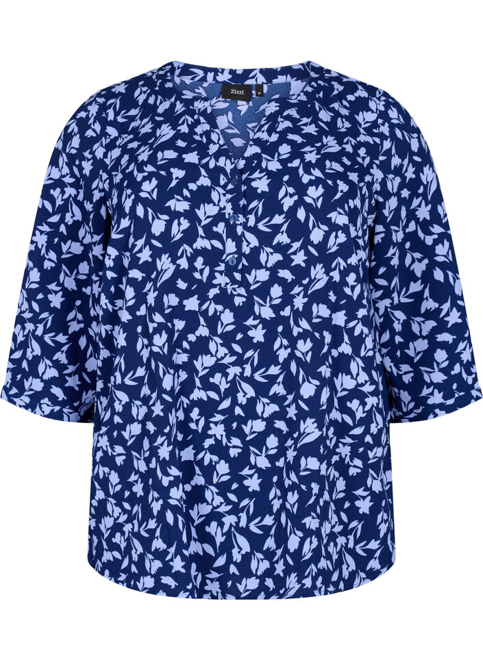 Florale Bluse mit 3/4-Ärmeln, M. Blue Flower AOP, Packshot image number 0