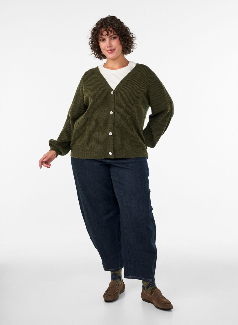 Cardigan avec col en V et texture c&ocirc;tel&eacute;e, Vert fonc&eacute;, Model image number 1