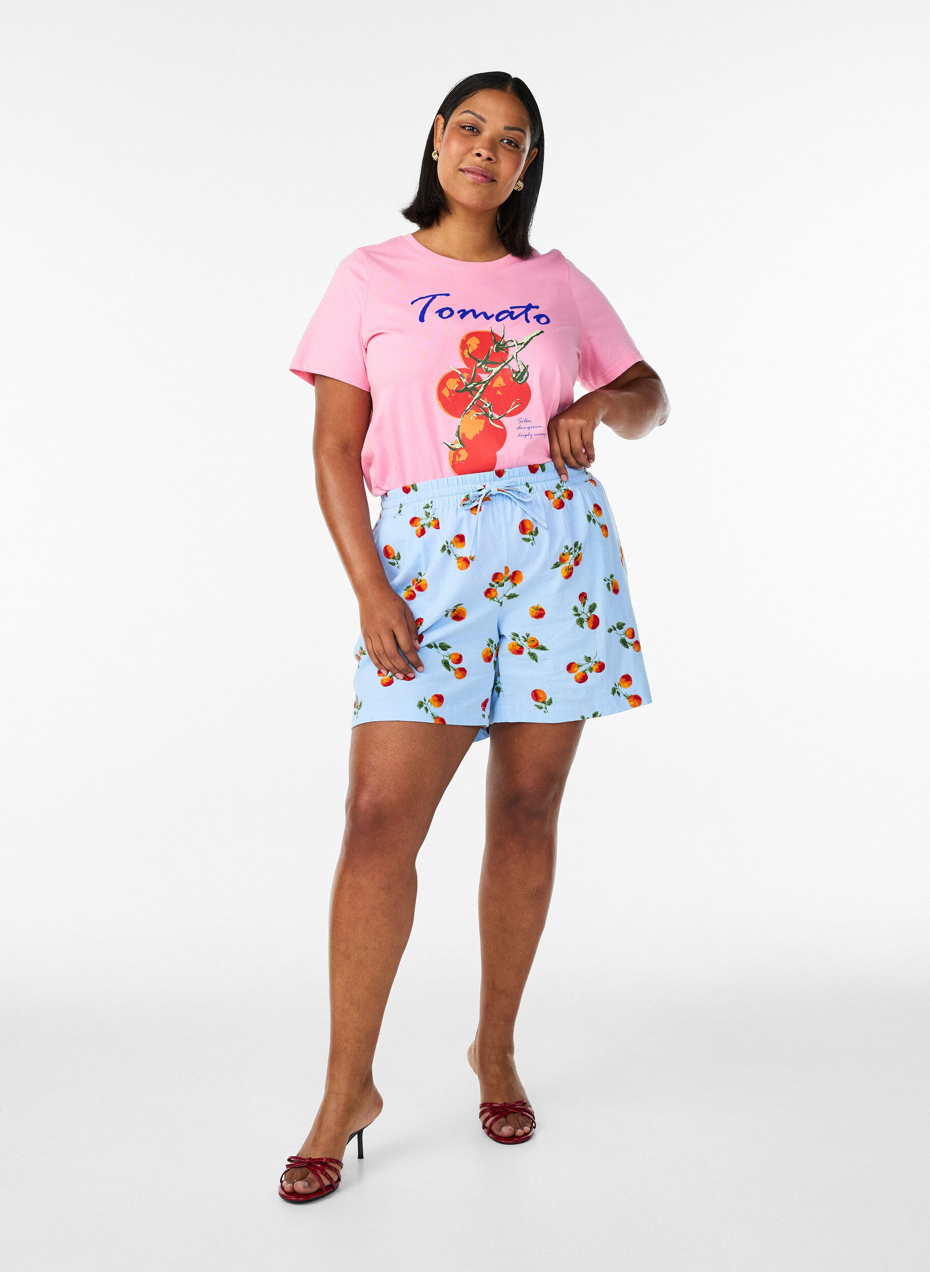 ZizziT-shirt en coton bio avec imprim&eacute; tomates, Rose, Model image number 1