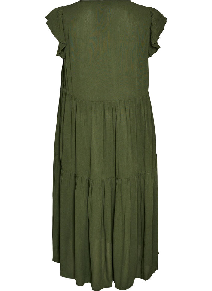 Robe midi en viscose avec manches &agrave; volants, Vert, Packshot image number 1
