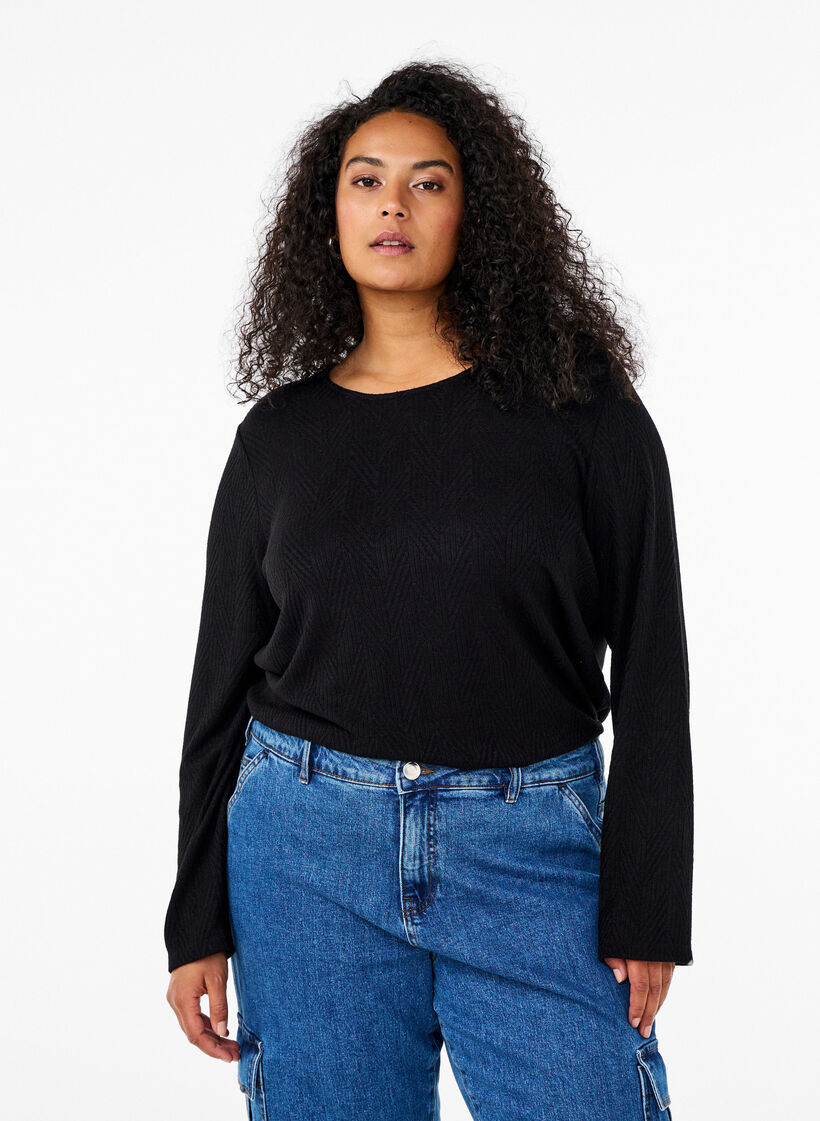 Gemusterte Bluse mit langen Ärmeln, Schwarz, Model image number 0