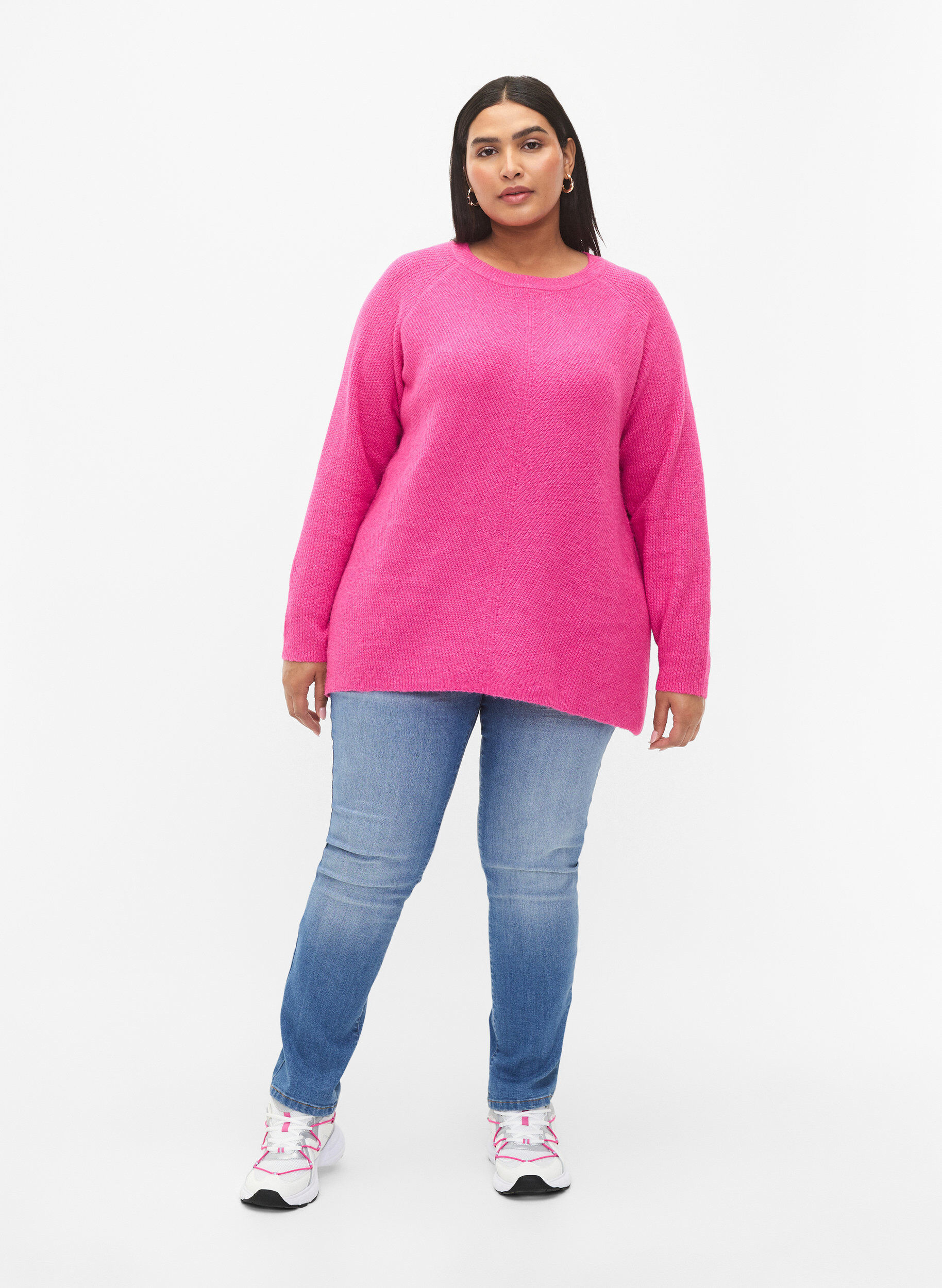Zizzi Melange-Pullover mit Seitenschlitz, R. Rose/White Mel., Model image number 2