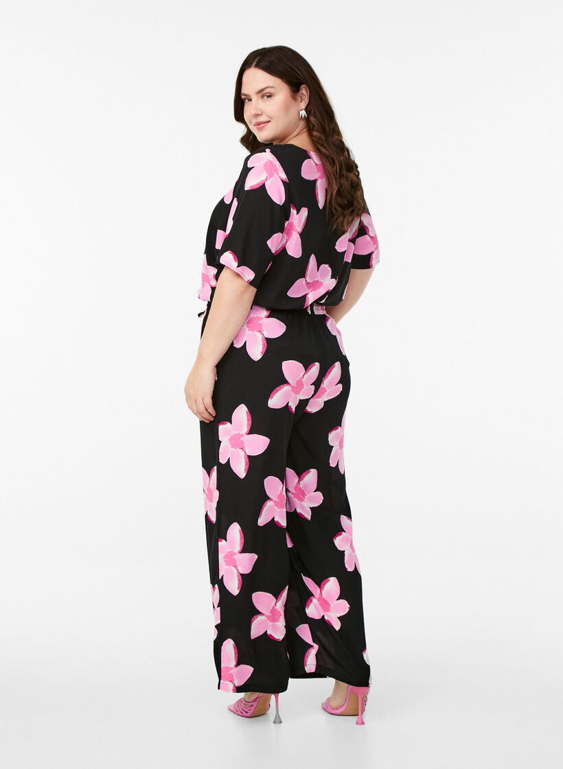 Pantalon ample en viscose avec imprimé, Noir, Model image number 1