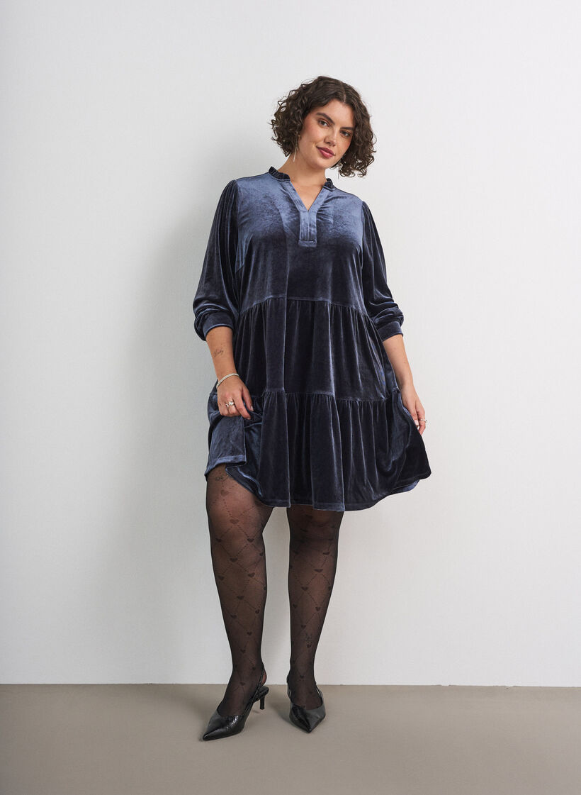 Robe courte en velours avec un col &agrave; volants et des manches longues, Bleu, Model image number 1