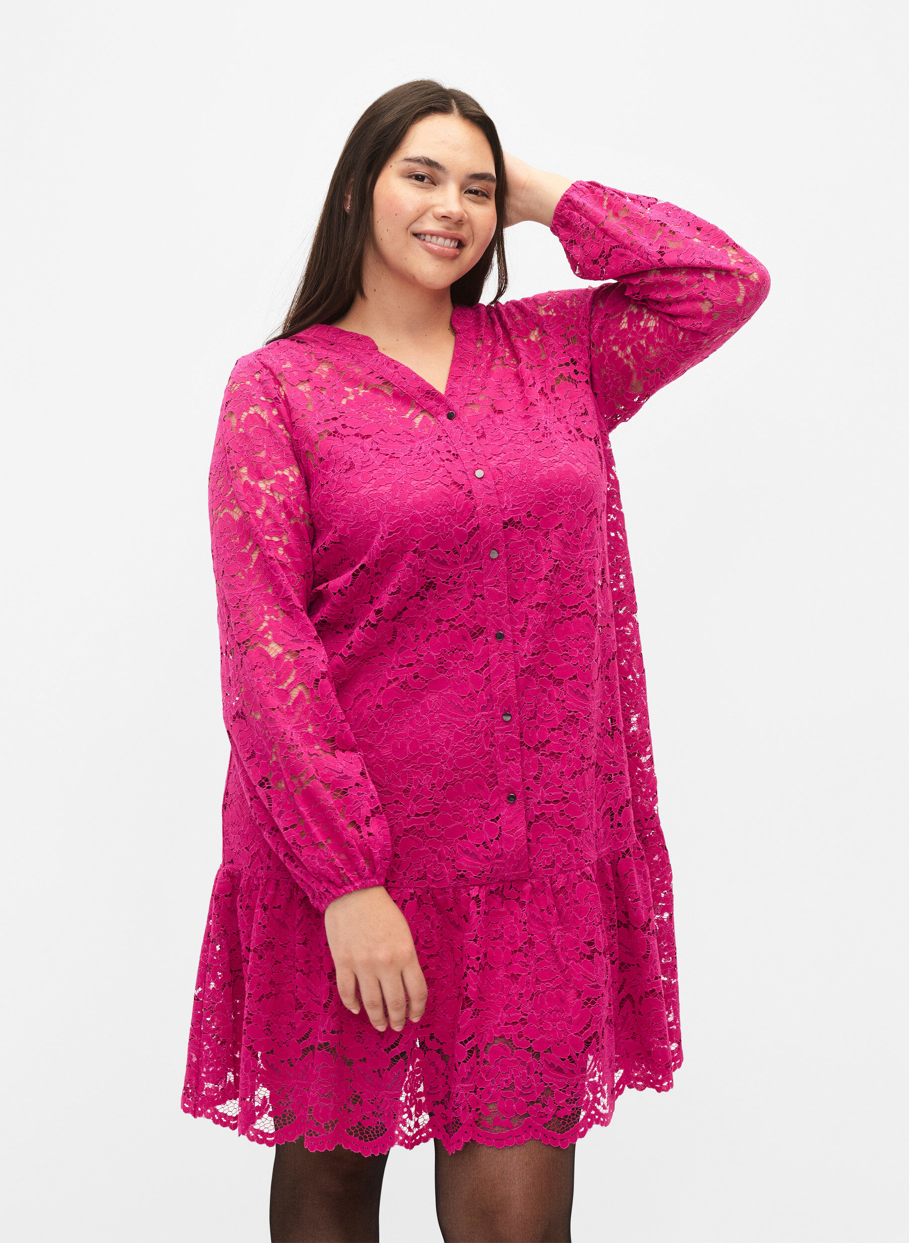 Zizzi Robe en dentelle avec boutons et forme en A, Festival Fuchsia, Model image number 0