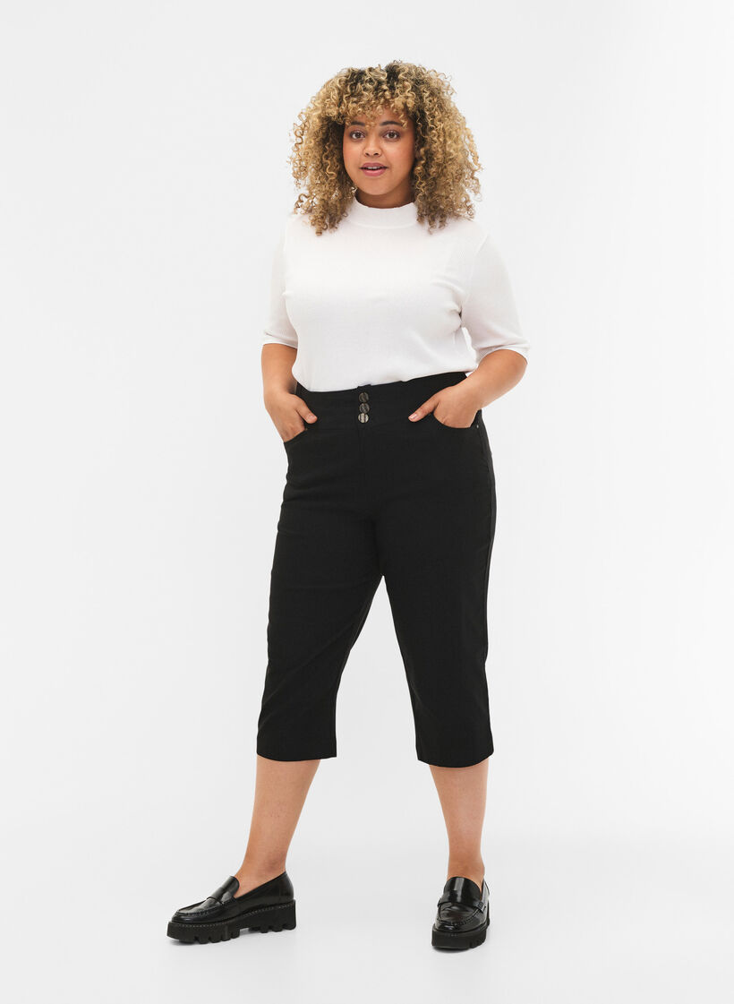 Eng anliegende Capri-Hose mit hoher Taille, Black, Model image number 0