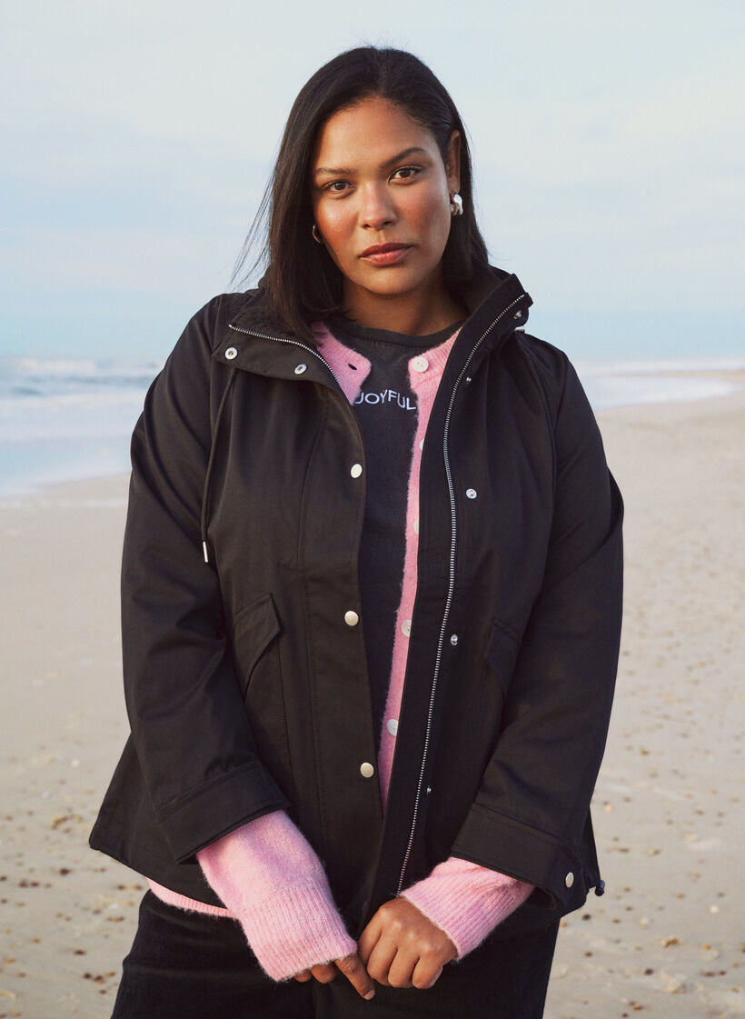 Kurze Fr&uuml;hlingsjacke mit abnehmbarer Kapuze, Schwarz, Image image number 0