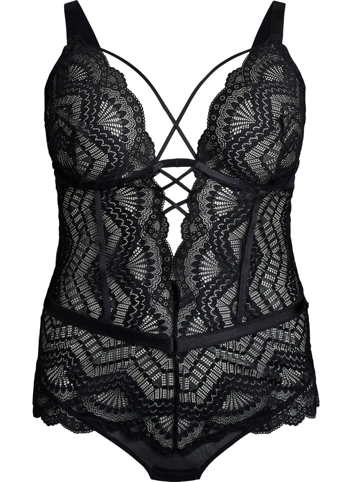 Spitzenbody mit Schn&uuml;rdetails, Schwarz, Packshot image number 0