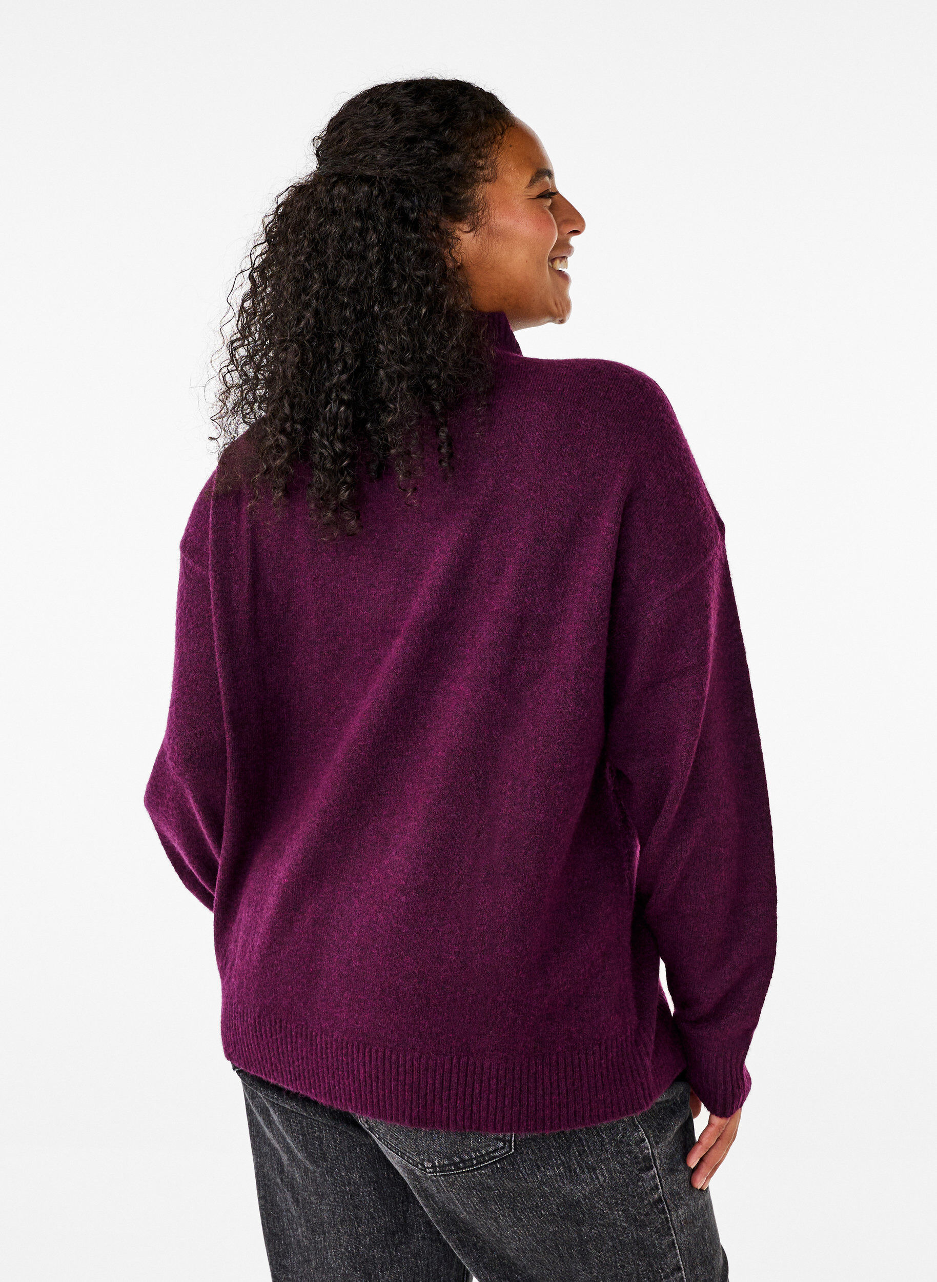 Zizzi Gestrickte Wollbluse mit hohem Kragen, Potent Purple Mel., Model image number 1