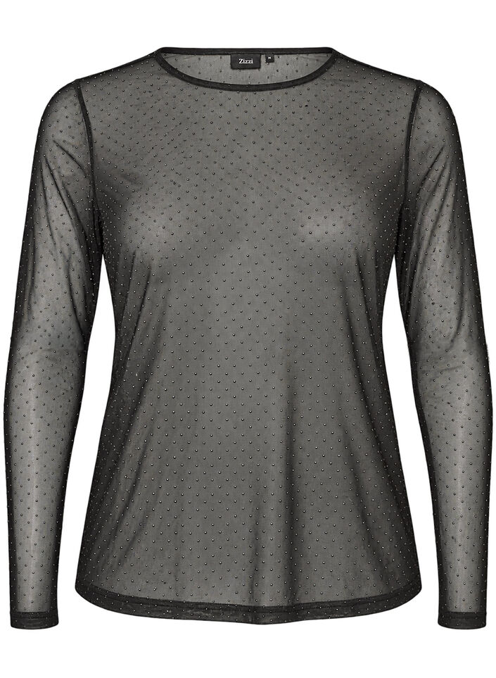 Blouse en maille transparente avec strass, Noir, Packshot image number 0