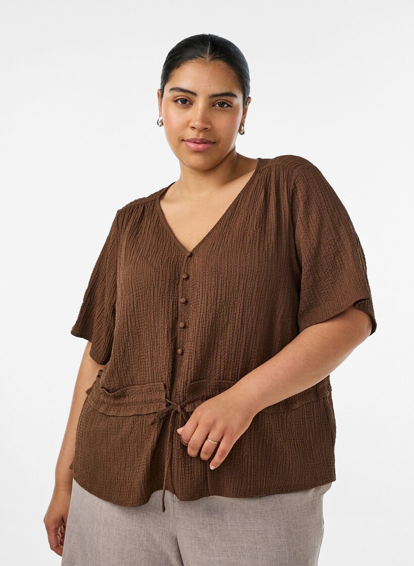 Bluse mit Struktur und Taillenbindung, Braun, Model image number 0