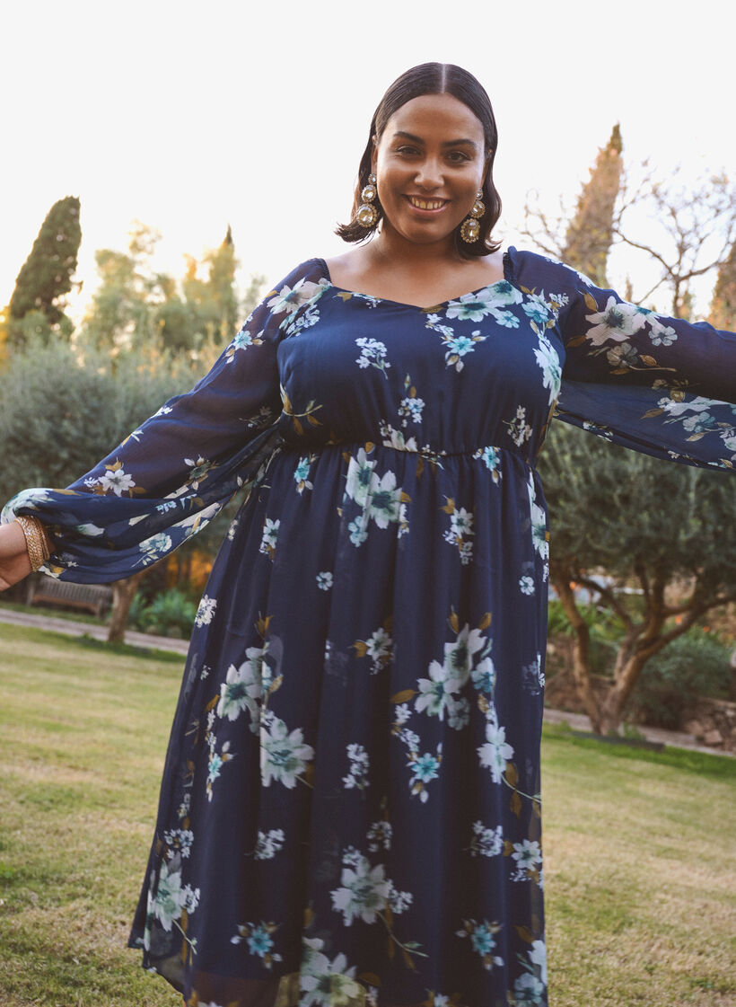 Robe de soir&eacute;e en mousseline &agrave; manches longues, Bleu, Image image number 0