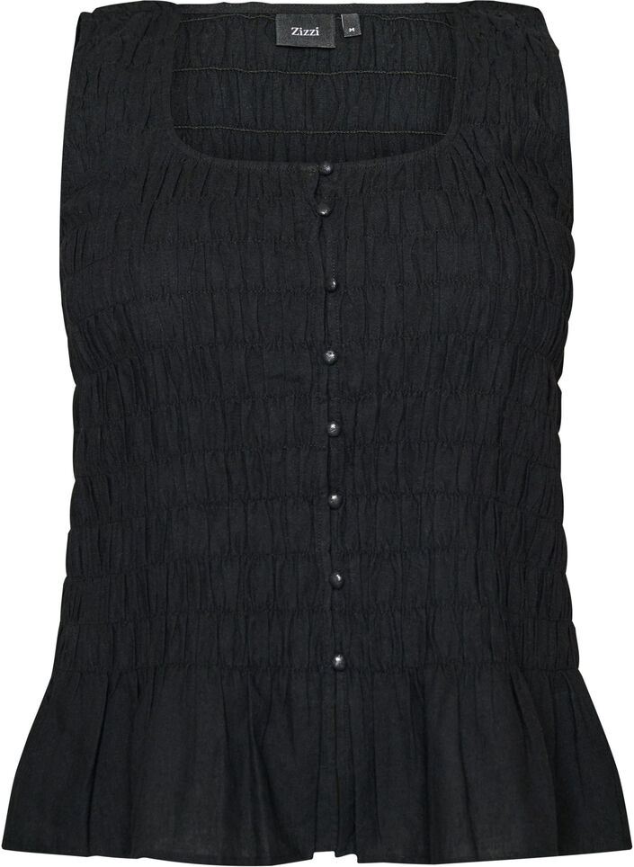 &Auml;rmelloses Top aus Baumwolle und Leinen mit Smock, Schwarz, Packshot image number 0