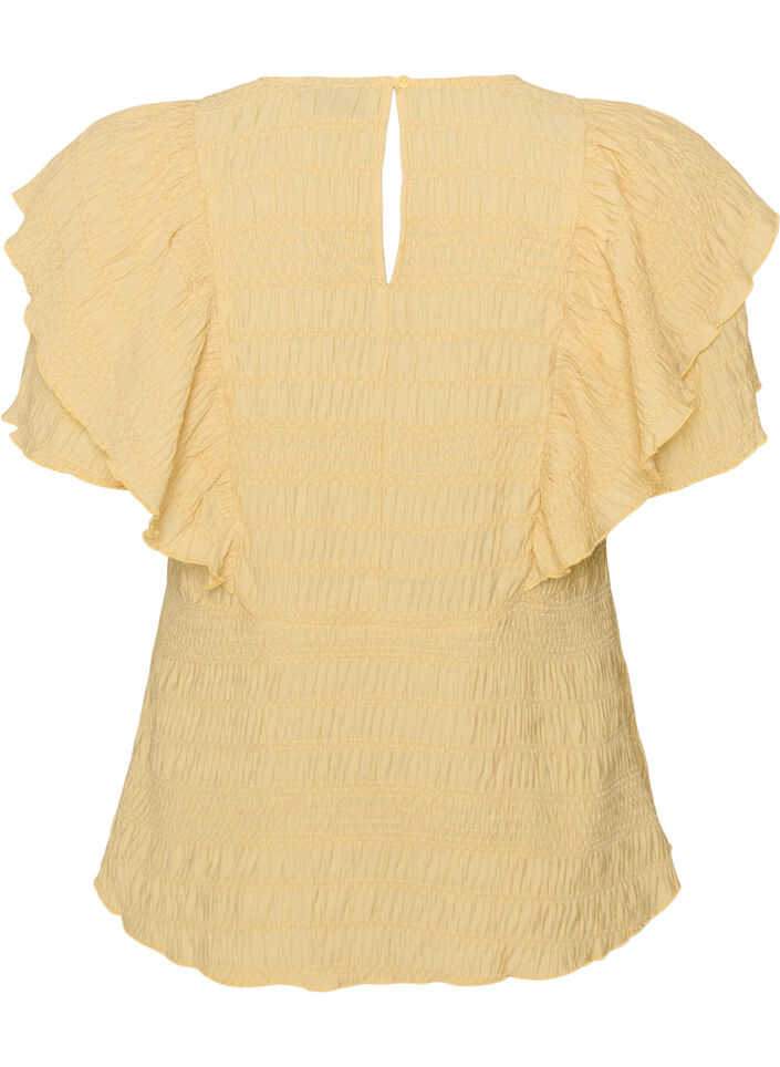 Blouse avec texture smock&eacute;e et manches &agrave; volants, Jaune clair, Packshot image number 1
