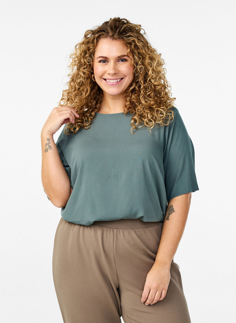 Kurz&auml;rmelige, gewebte Bluse mit Rundhals, Gr&uuml;n, Model image number 0