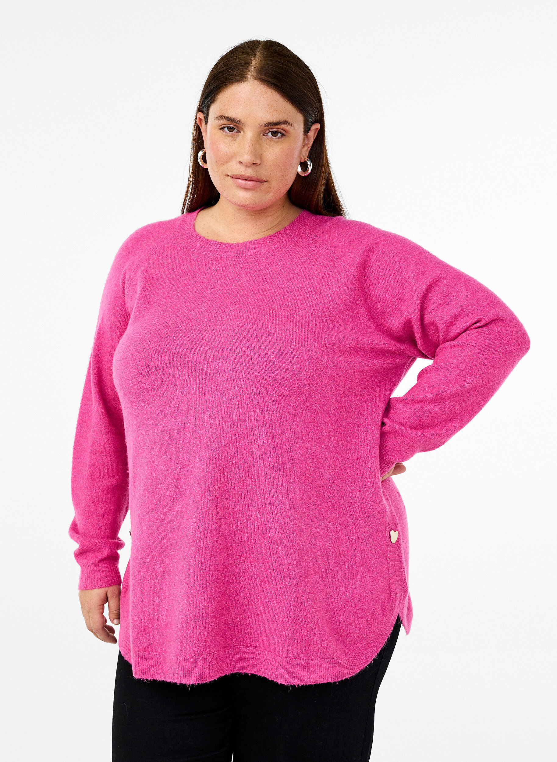 Zizzi Lange Strickbluse mit Knopfdetail an der Seite, Raspberry Rose Mel., Model image number 0