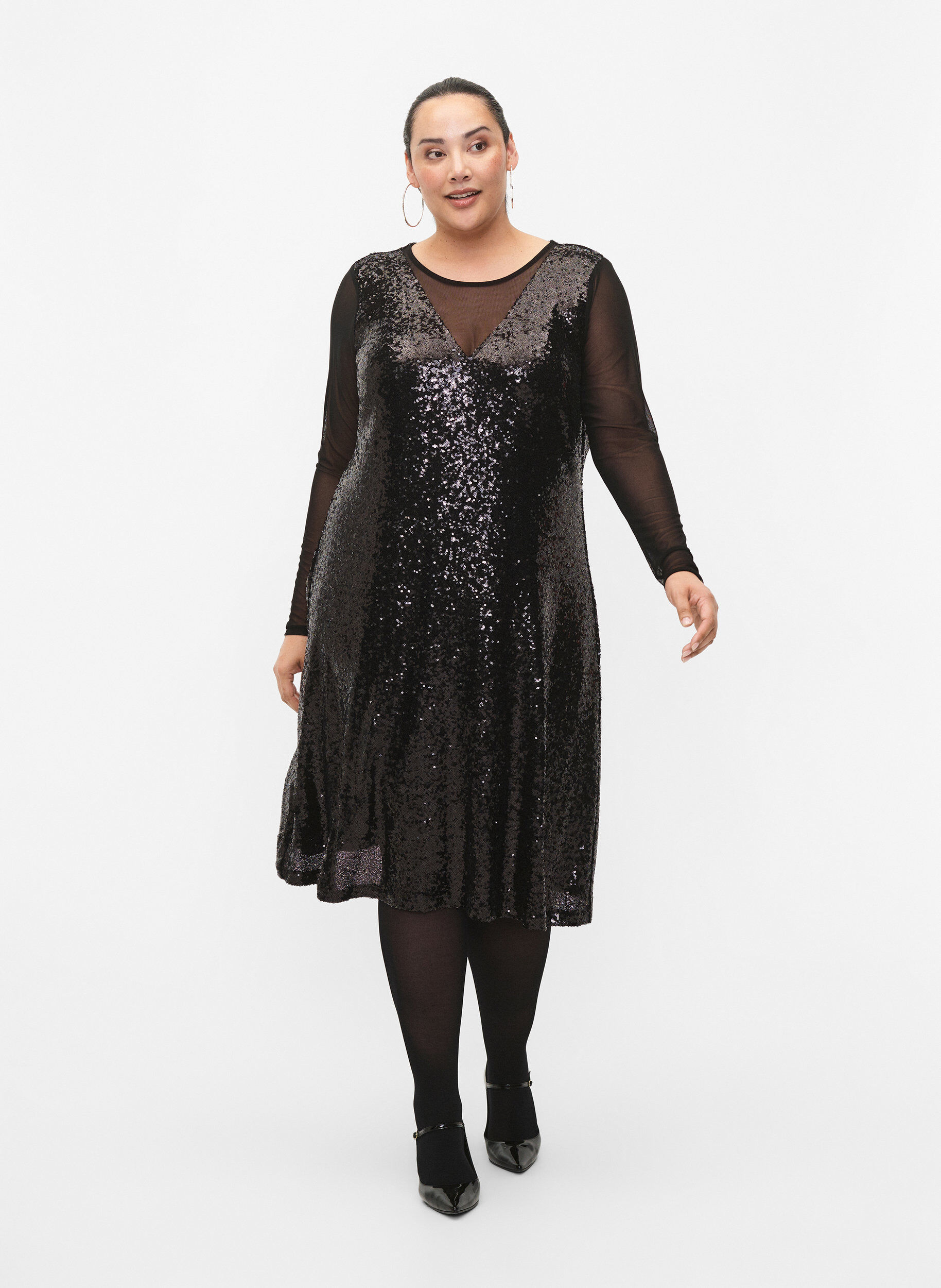 Zizzi A-Linie-Paillettenkleid mit langen &Auml;rmeln, Black, Model image number 3