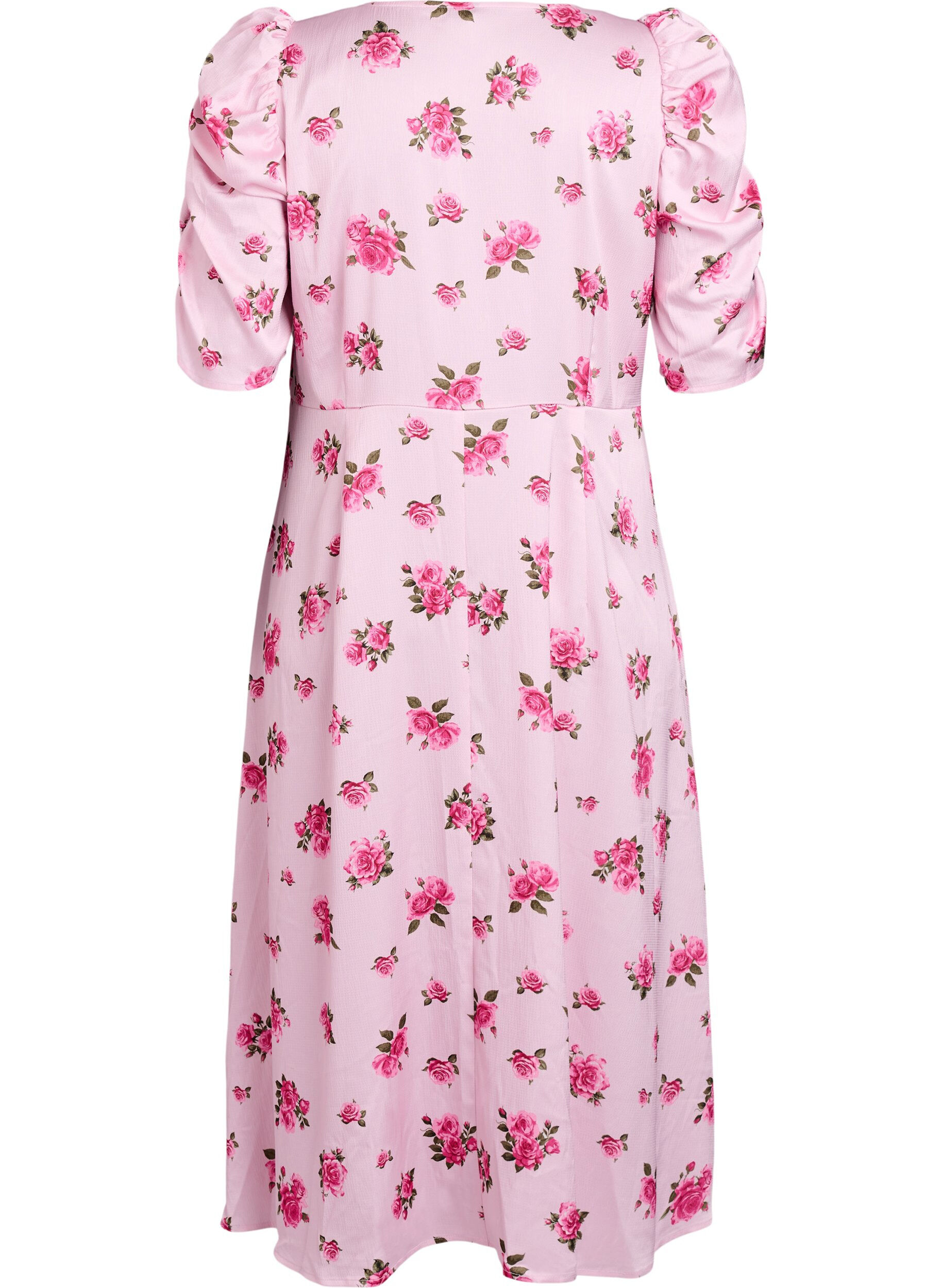 Zizzi Gebl&uuml;mtes Midikleid mit Puff&auml;rmeln, Pink, Packshot image number 1