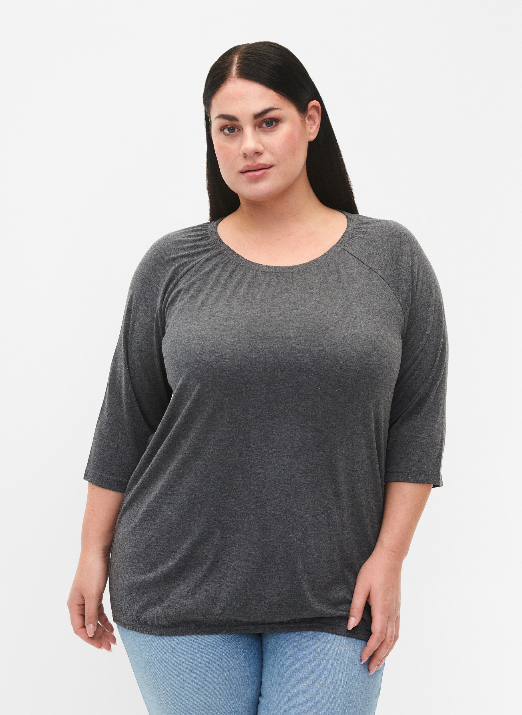 Zizzi Blouse ray&eacute;e &agrave; manches 3/4, Dark Grey Melange, Model image number 0