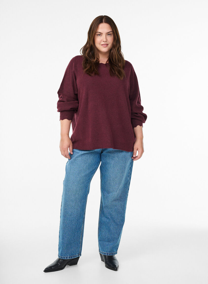 Blouse en maille &agrave; bords ondul&eacute;s, Bordeaux fonc&eacute;, Model image number 1