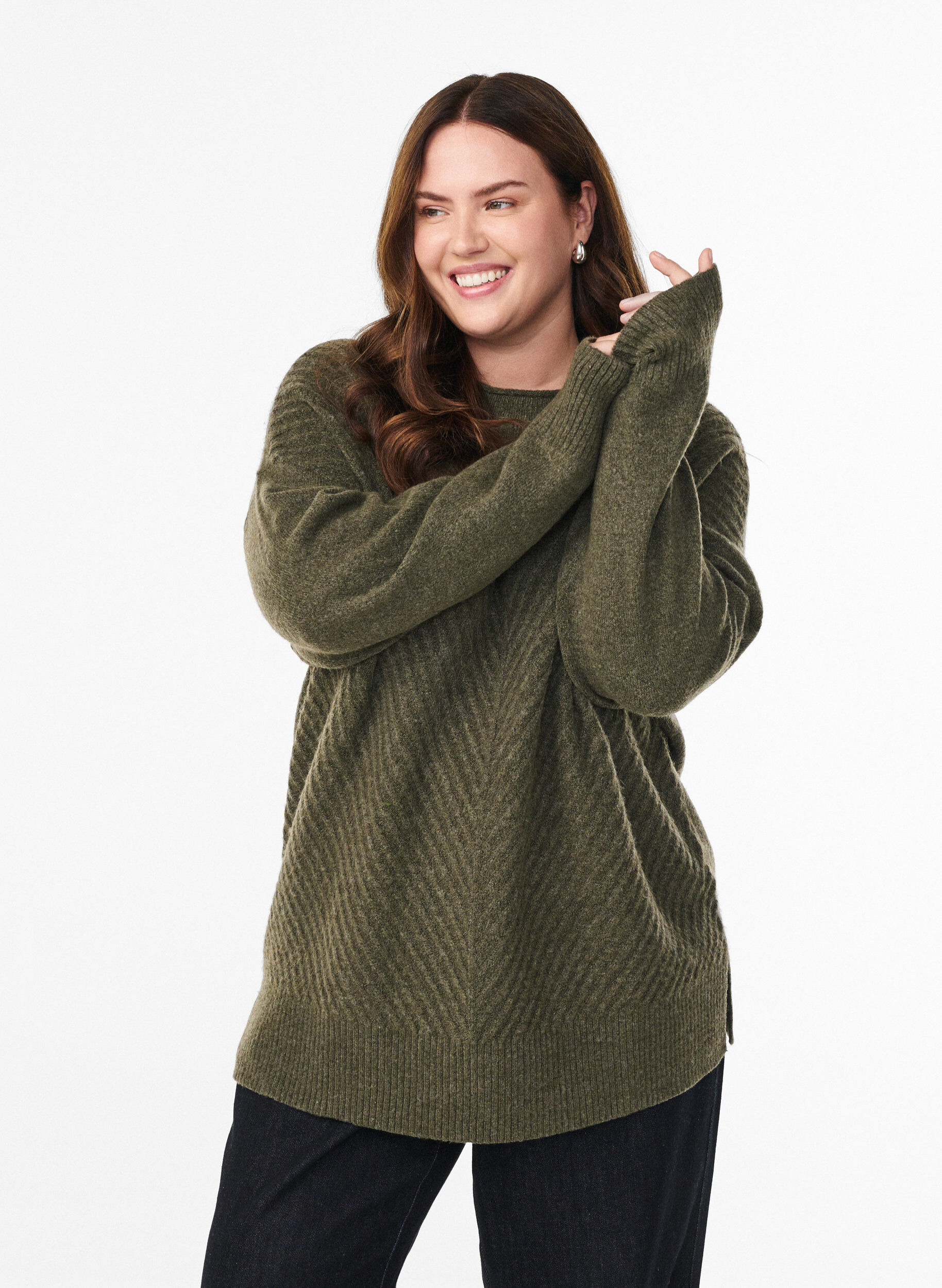 Strickbluse mit V-f&ouml;rmigem Rippenmuster und Schlitzen, Gr&uuml;n, Model