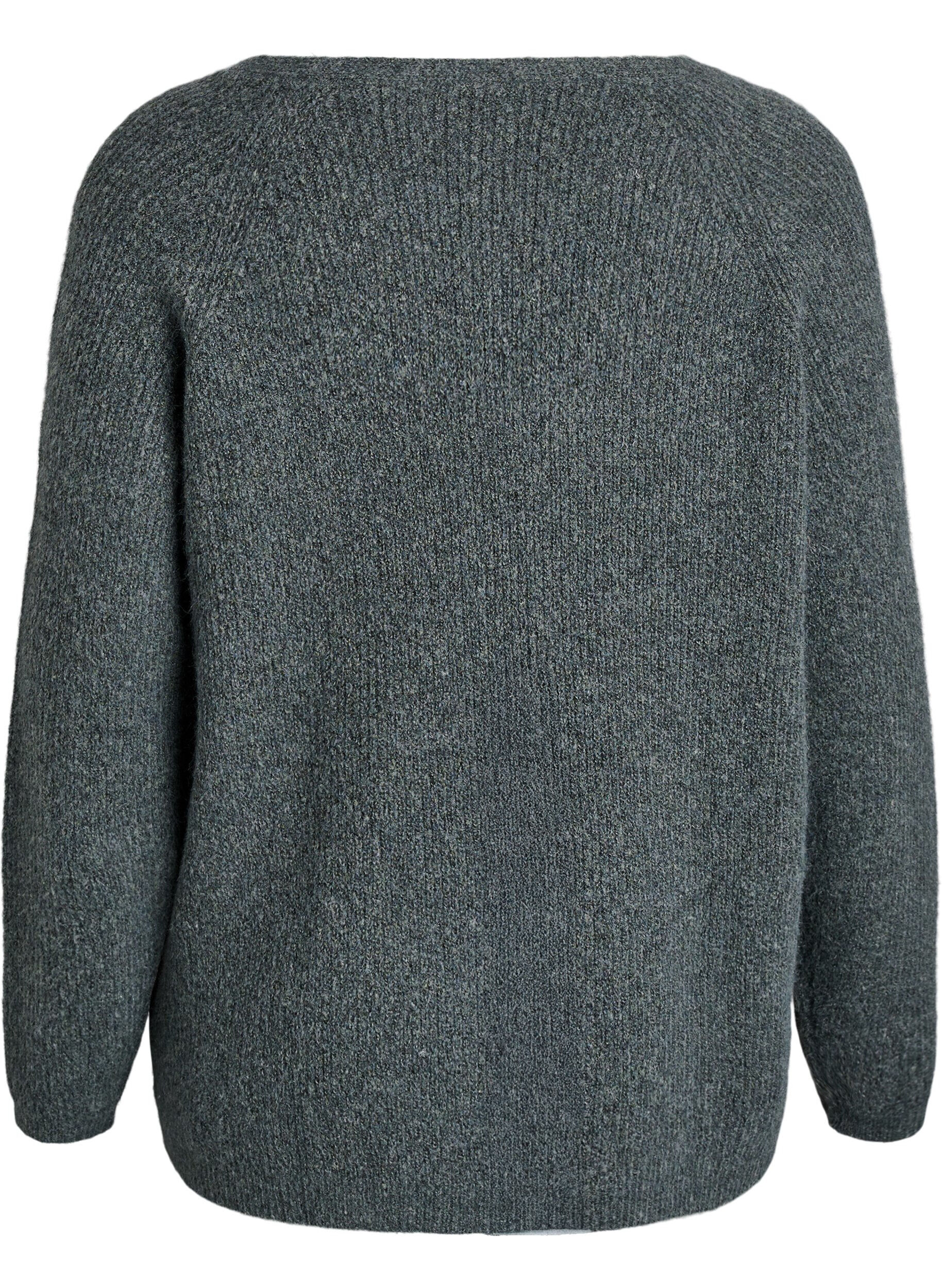 Zizzi Blouse en maille &agrave; col V et manches raglan, Vert fonc&eacute;, Packshot image number 1