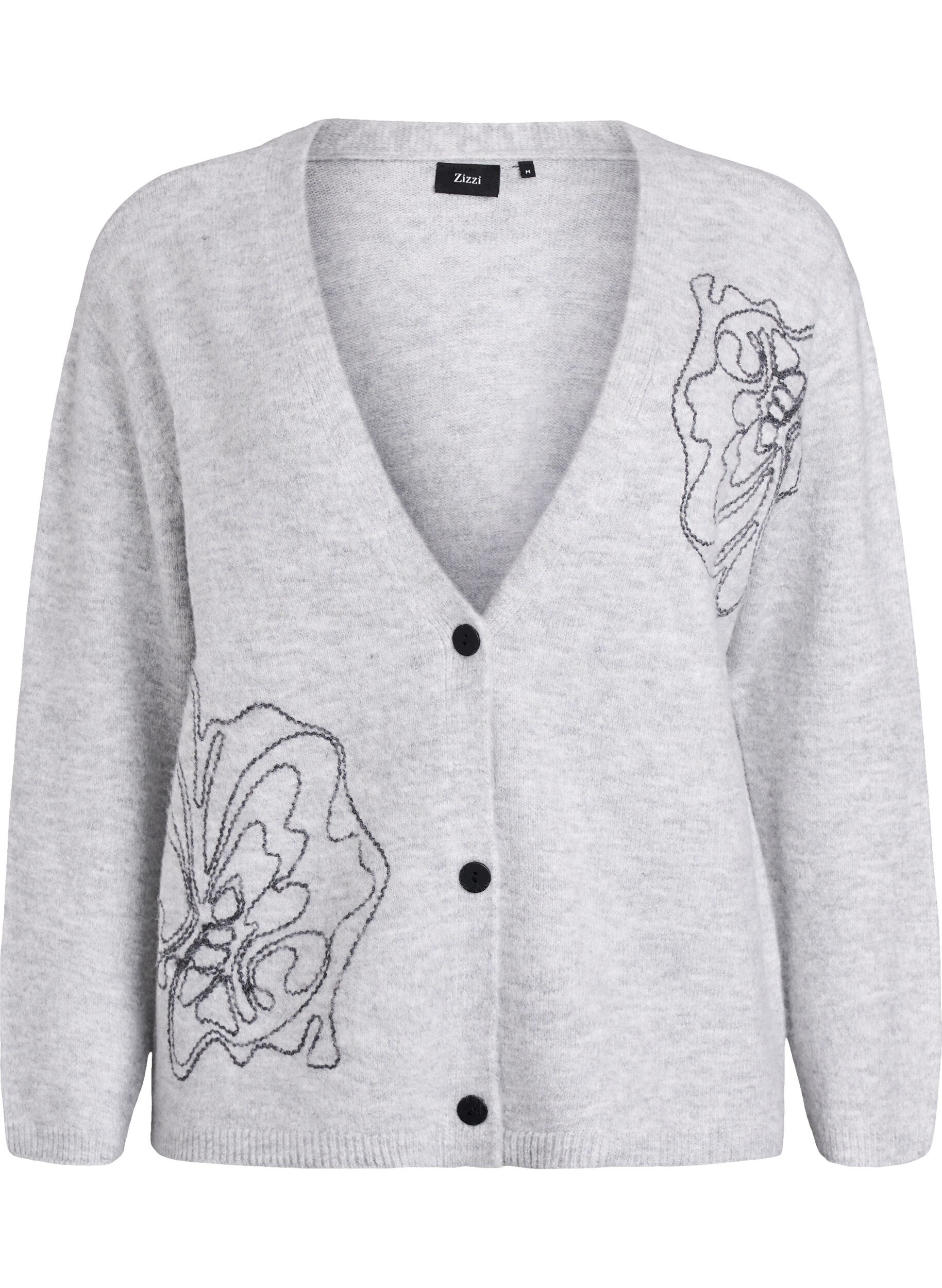Zizzi Cardigan avec col en V et fleurs brod&eacute;es, Gris, Packshot image number 0