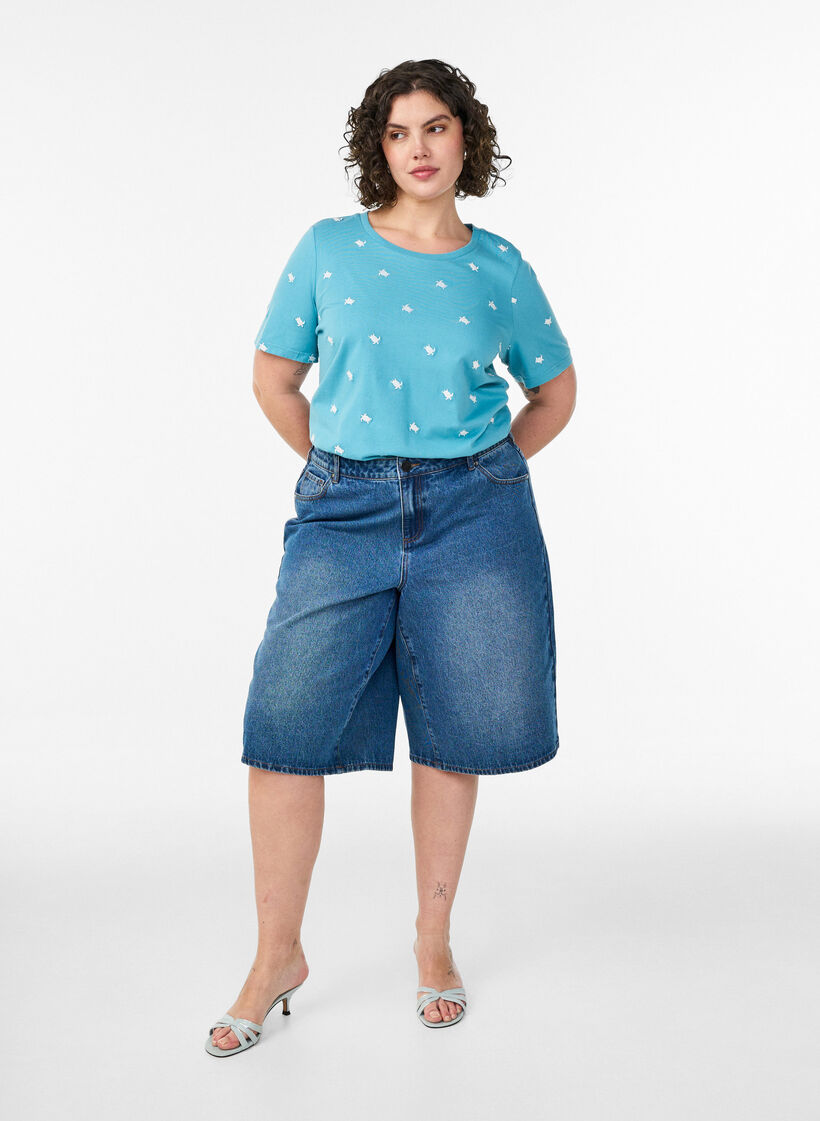 T-shirt en coton biologique avec motifs brod&eacute;s, Bleu, Model image number 1