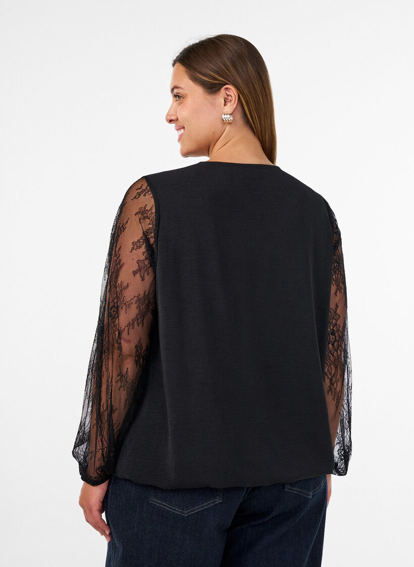 Bluse mit &Auml;rmeln aus Spitze und Ballonform, Schwarz, Model image number 2