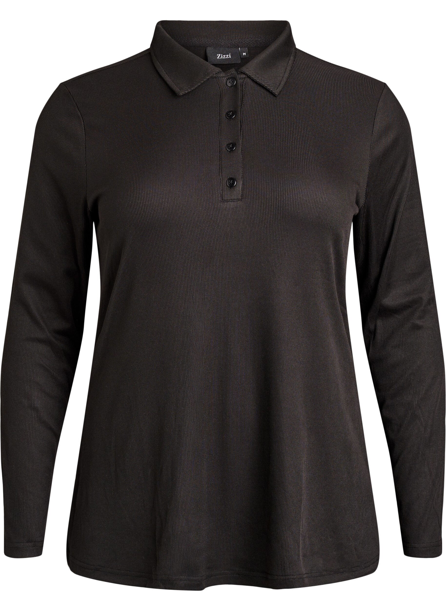 Zizzi Poloshirt aus weichem Ripp mit langen &Auml;rmeln, Schwarz, Packshot image number 0