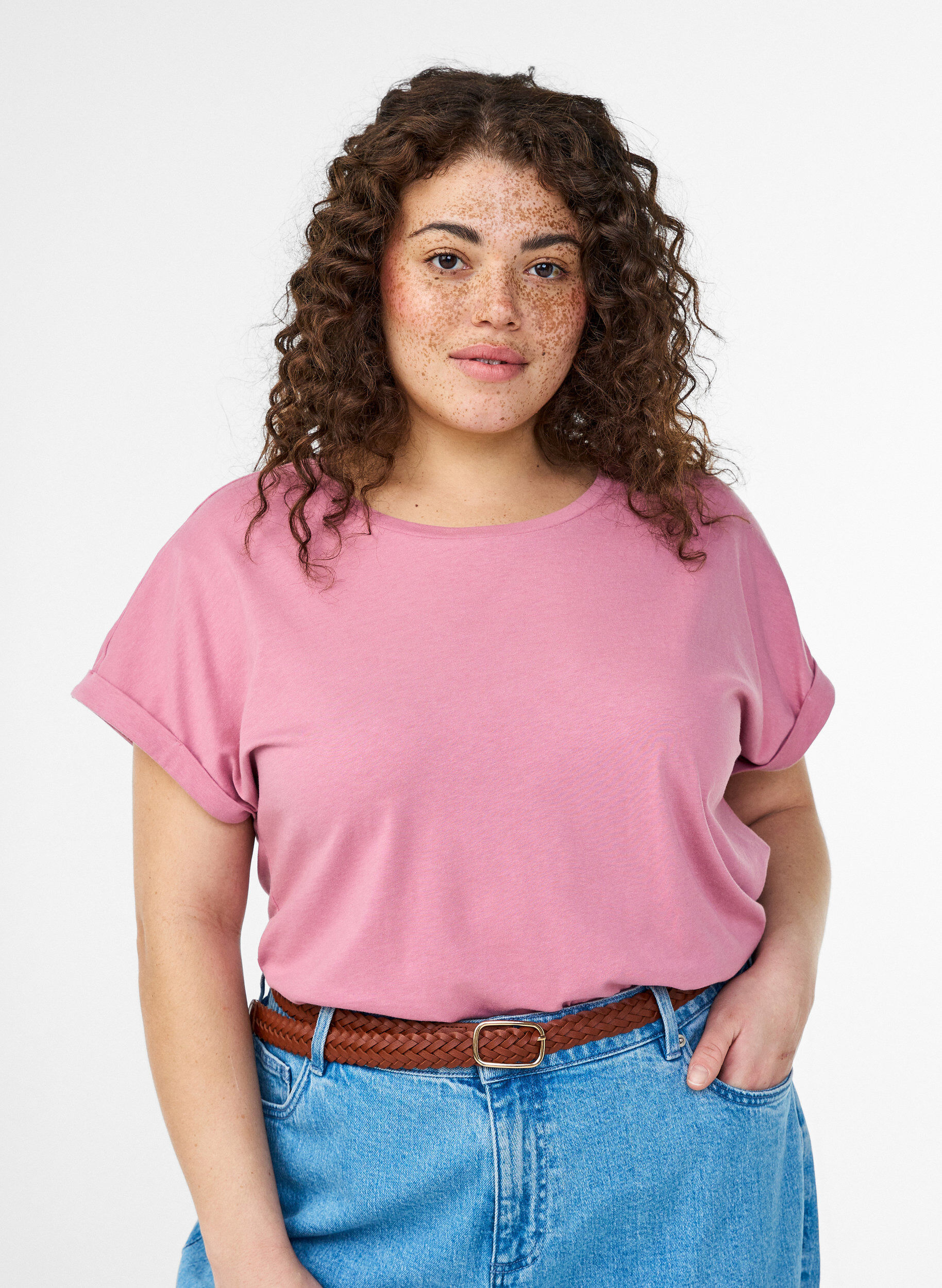 T-shirt &agrave; manches courtes en coton m&eacute;lang&eacute;, Rose, Model