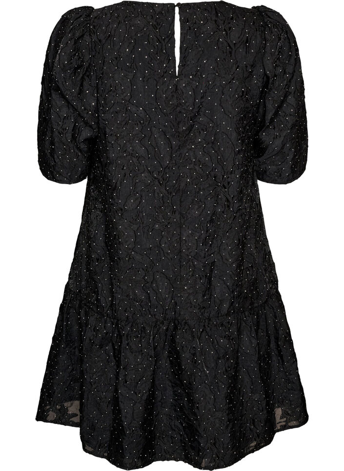 Jacquardkleid mit funkelnden Details und Puff&auml;rmeln, Schwarz, Packshot image number 1
