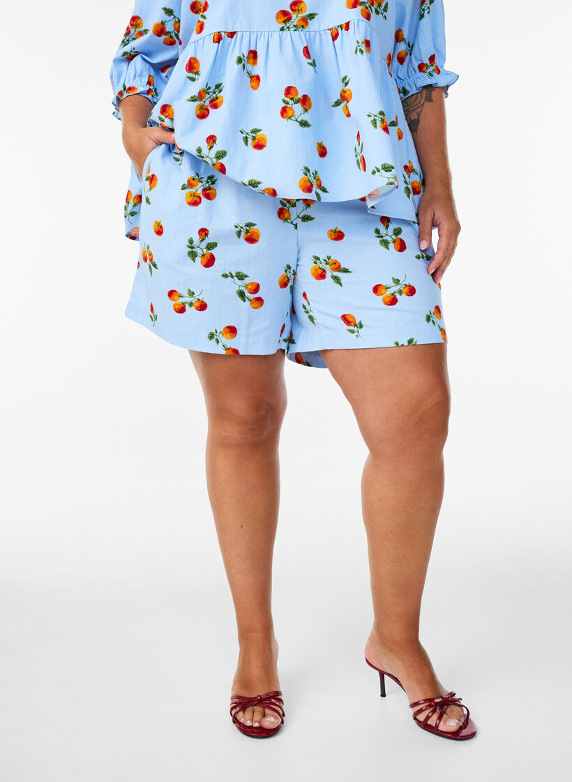Short taille haute en coton &agrave; imprim&eacute; tomates, Bleu Clair, Model image number 0