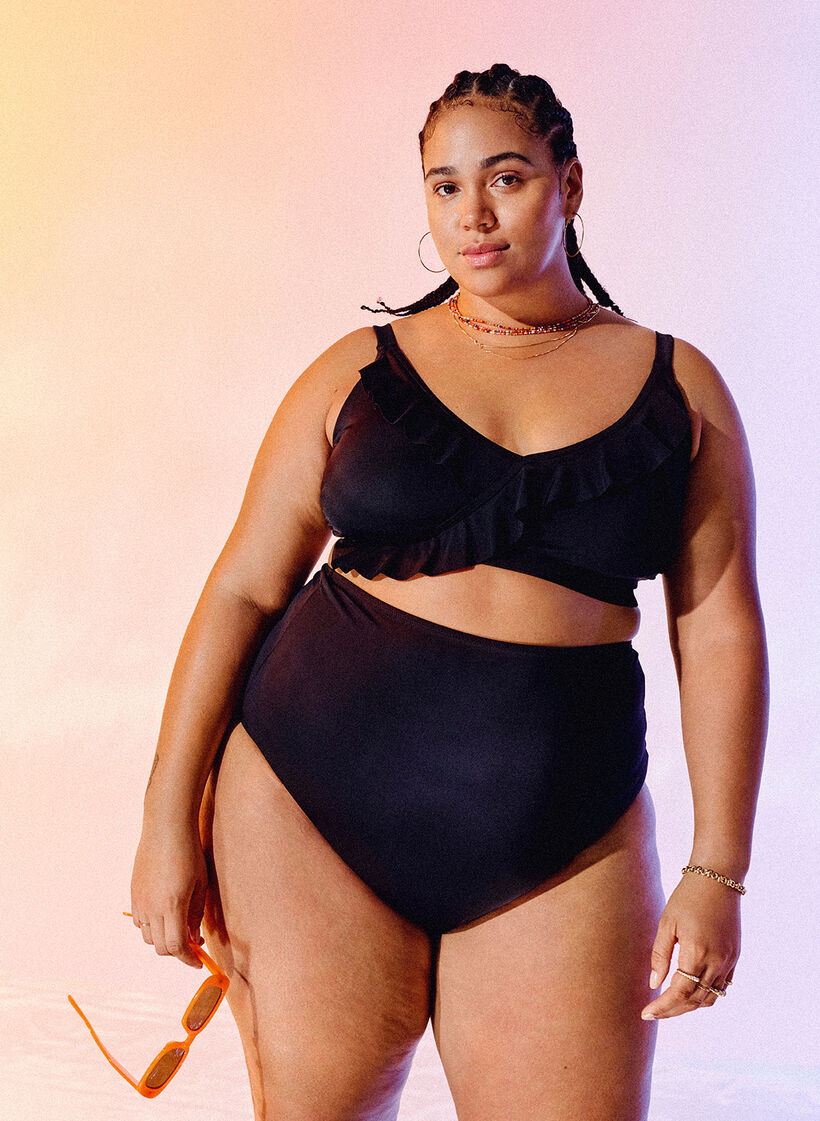 Haut de bikini avec volants et coussinets amovibles, Noir, Image image number 0