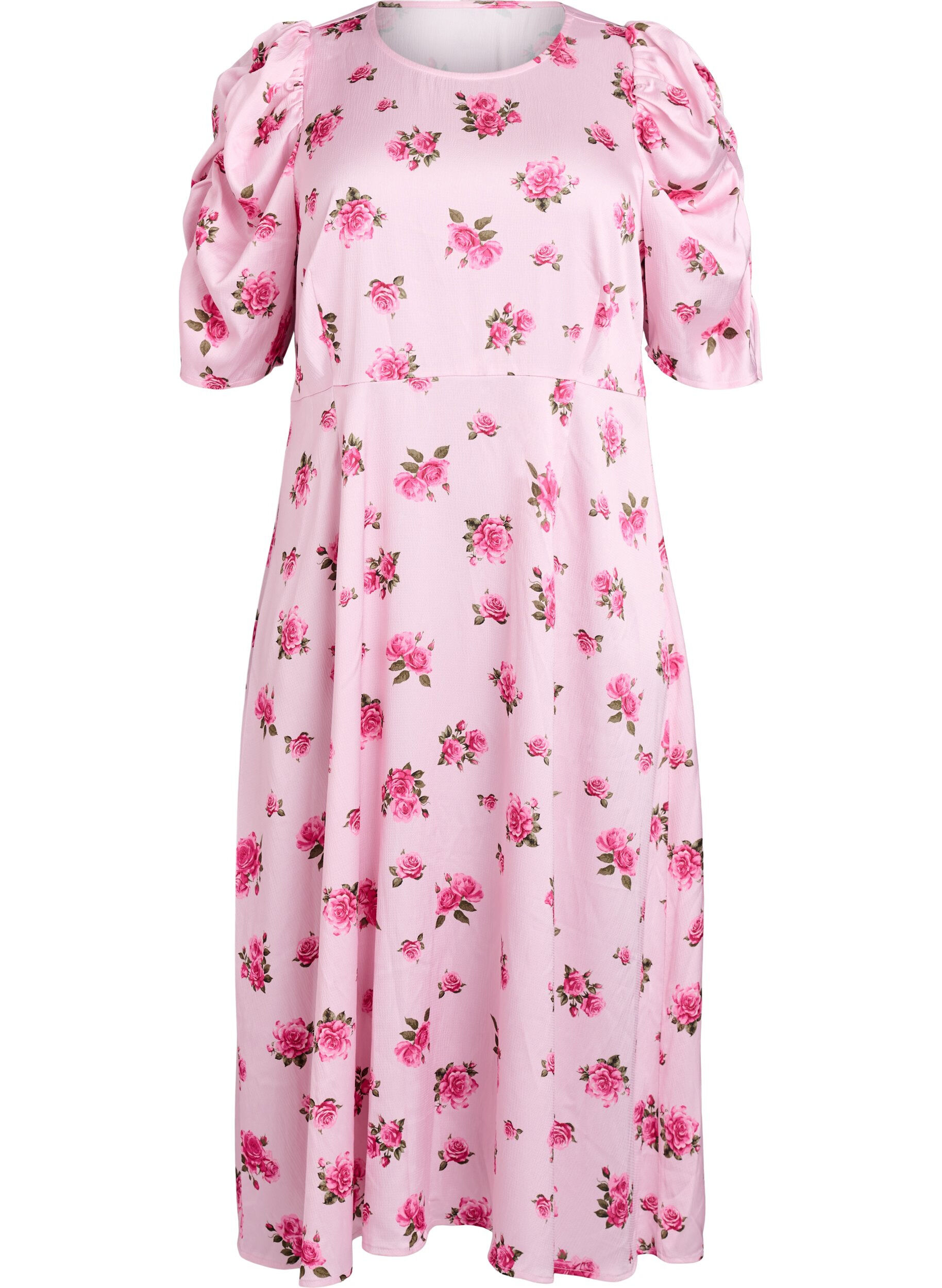 Zizzi Gebl&uuml;mtes Midikleid mit Puff&auml;rmeln, Pink, Packshot image number 0