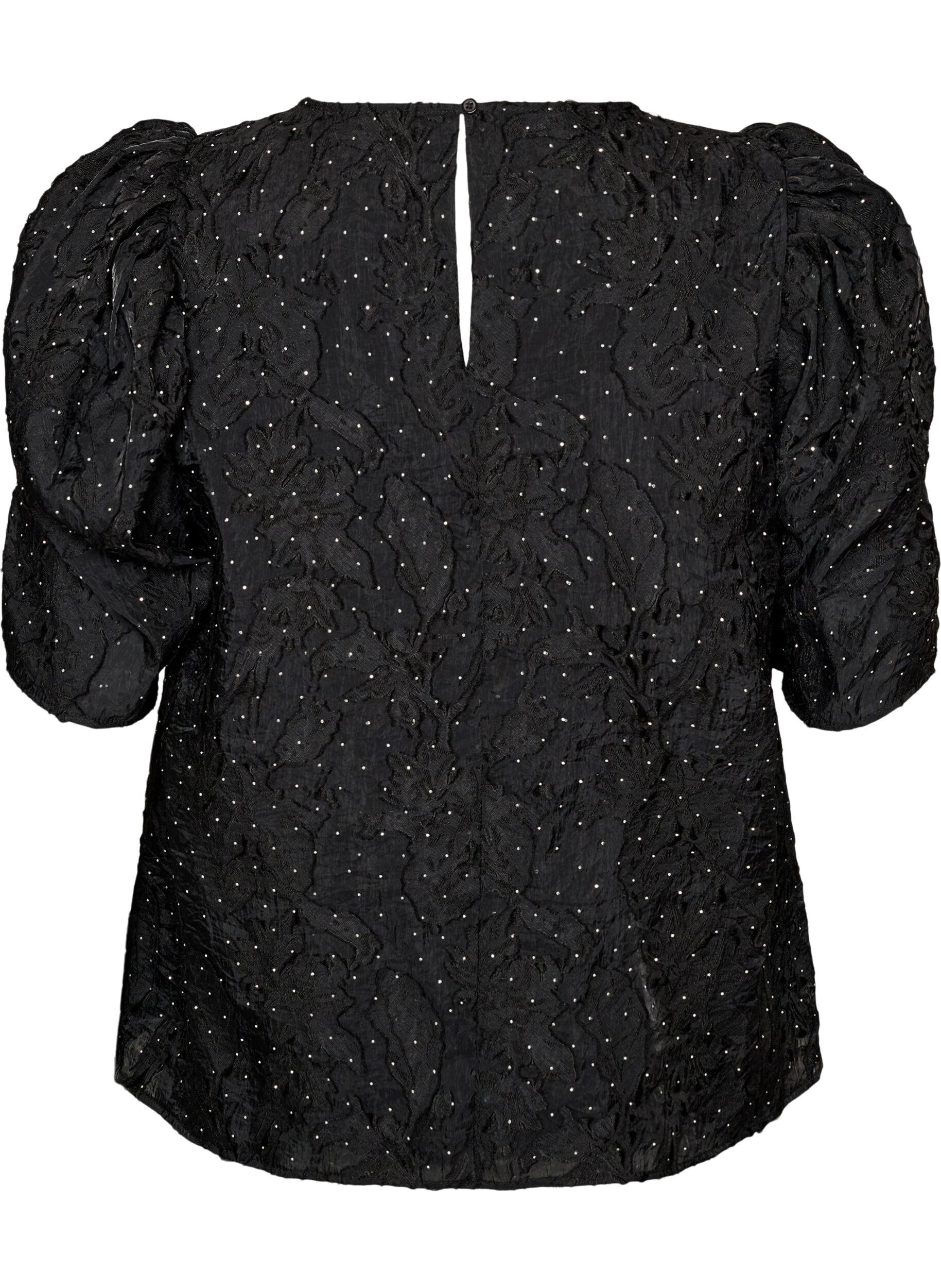 ZizziBlouse jacquard avec d&eacute;tails scintillants et manches bouffantes, Noir, Packshot image number 1